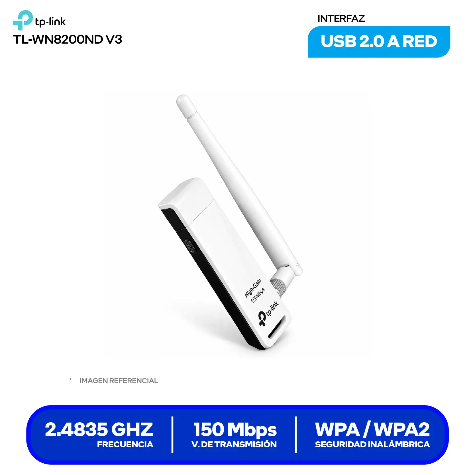 Adaptador USB Inalámbrico TP-Link TL-WN722N (TL-WN722N) 150 Mbps, 2.4 GHz, Antena desmontable