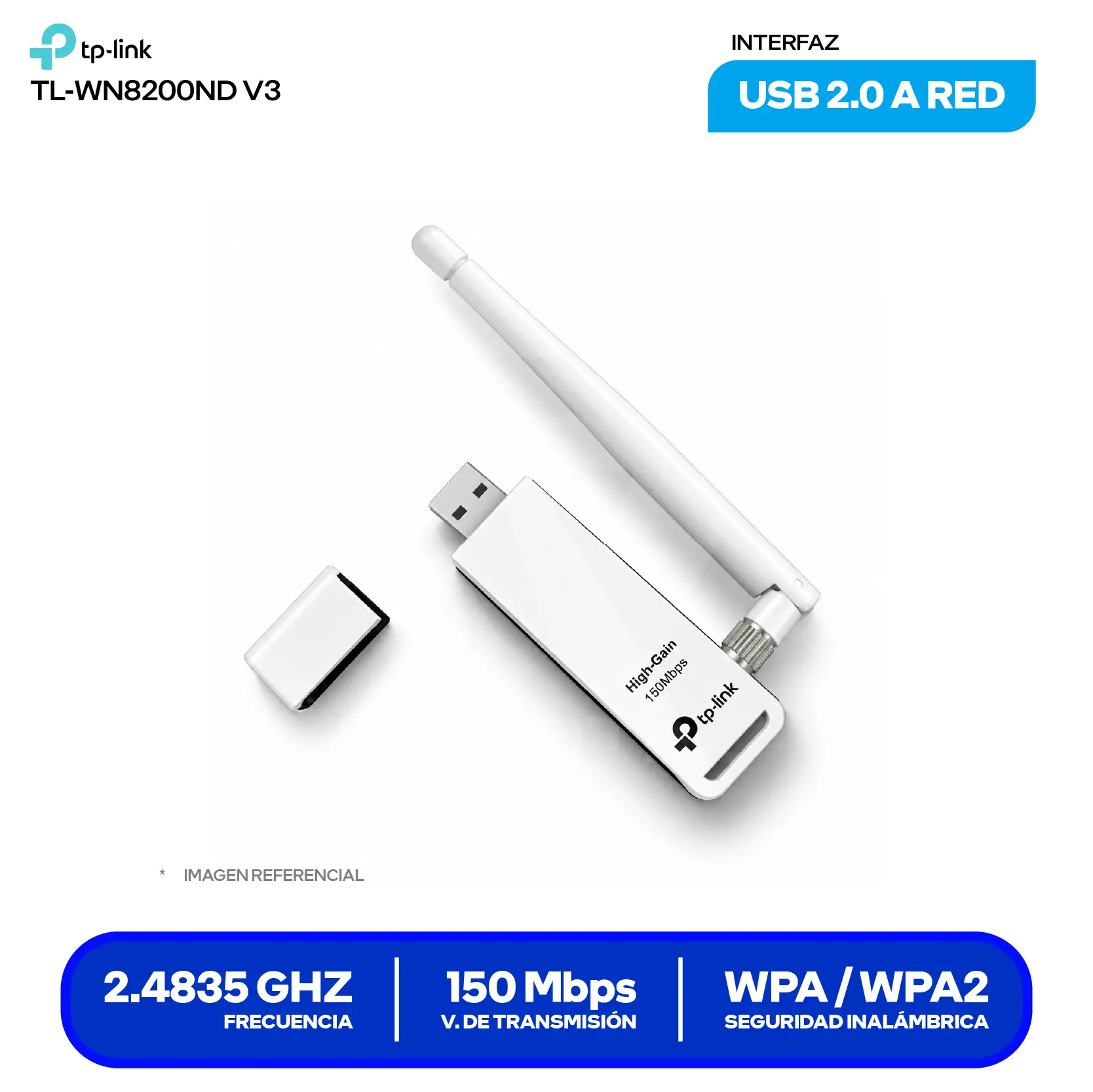 Adaptador USB Inalámbrico TP-Link TL-WN722N (TL-WN722N) 150 Mbps, 2.4 GHz, Antena desmontable