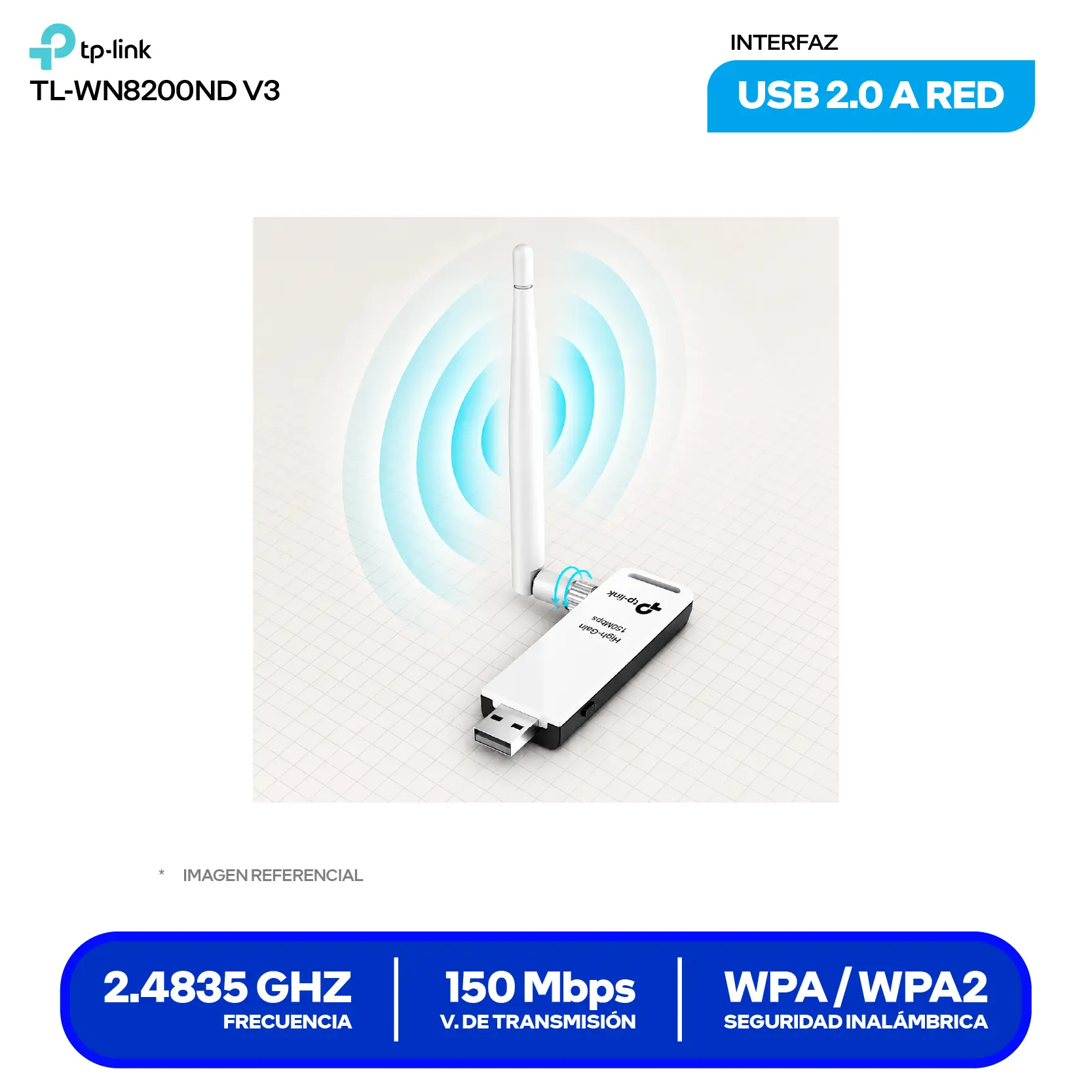 Adaptador USB Inalámbrico TP-Link TL-WN722N (TL-WN722N) 150 Mbps, 2.4 GHz, Antena desmontable