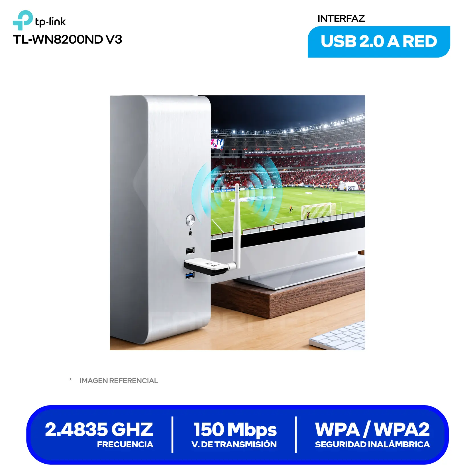 Adaptador USB Inalámbrico TP-Link TL-WN722N (TL-WN722N) 150 Mbps, 2.4 GHz, Antena desmontable