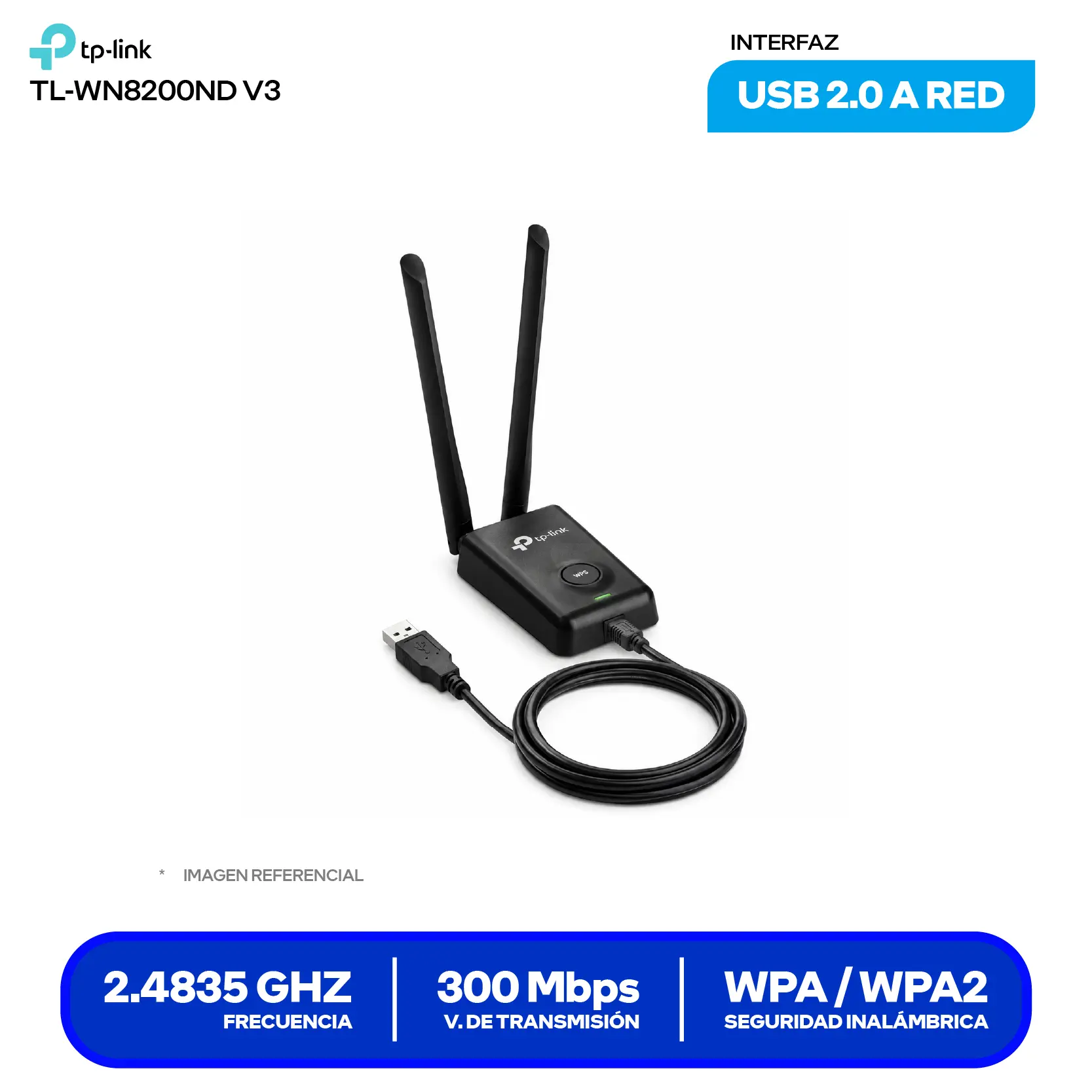 Adaptador USB Inalámbrico TP-Link (TL-WN8200ND) 300 Mbps, 2.4 GHz, Doble Antena desmontables