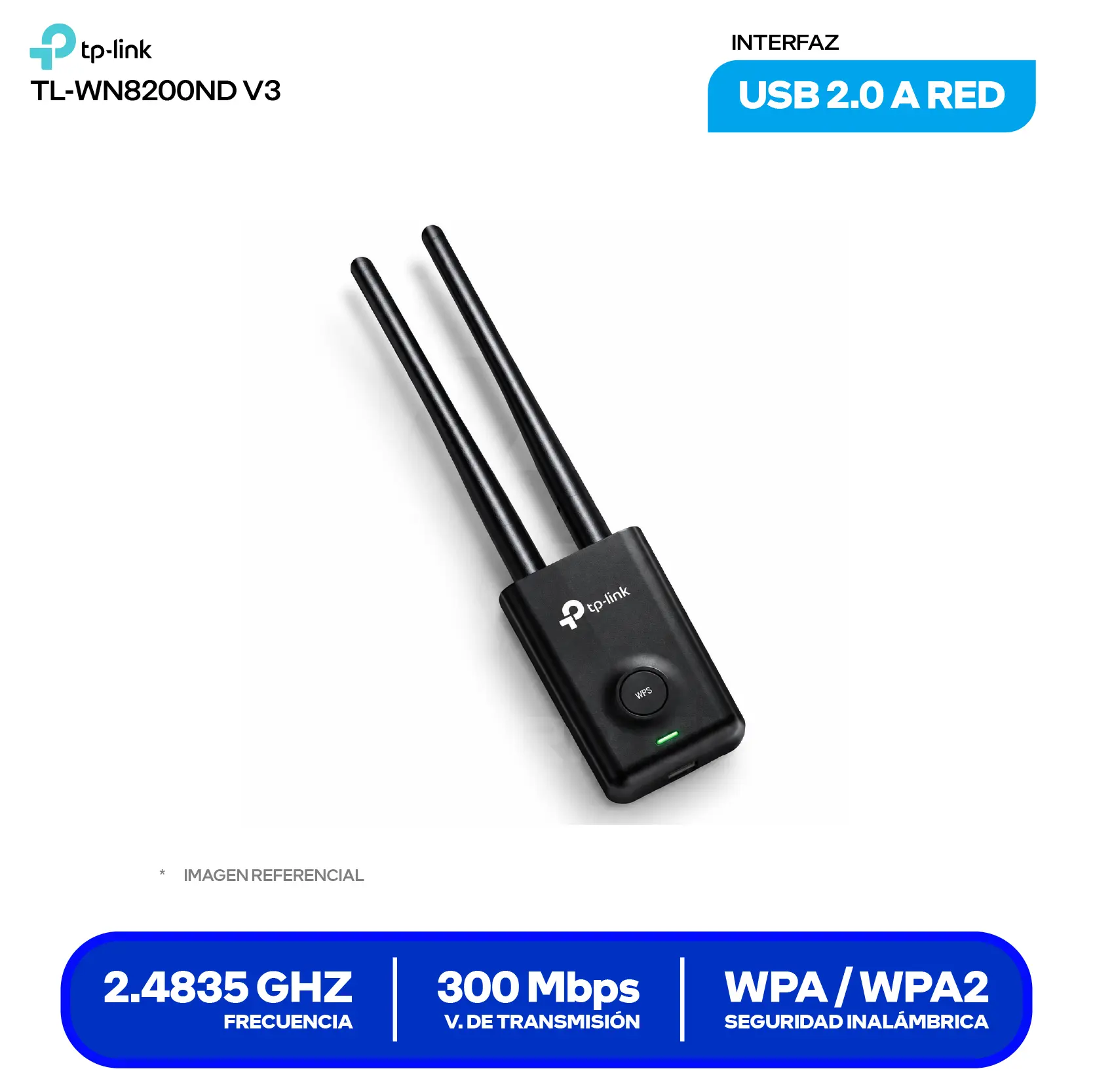 Adaptador USB Inalámbrico TP-Link (TL-WN8200ND) 300 Mbps, 2.4 GHz, Doble Antena desmontables