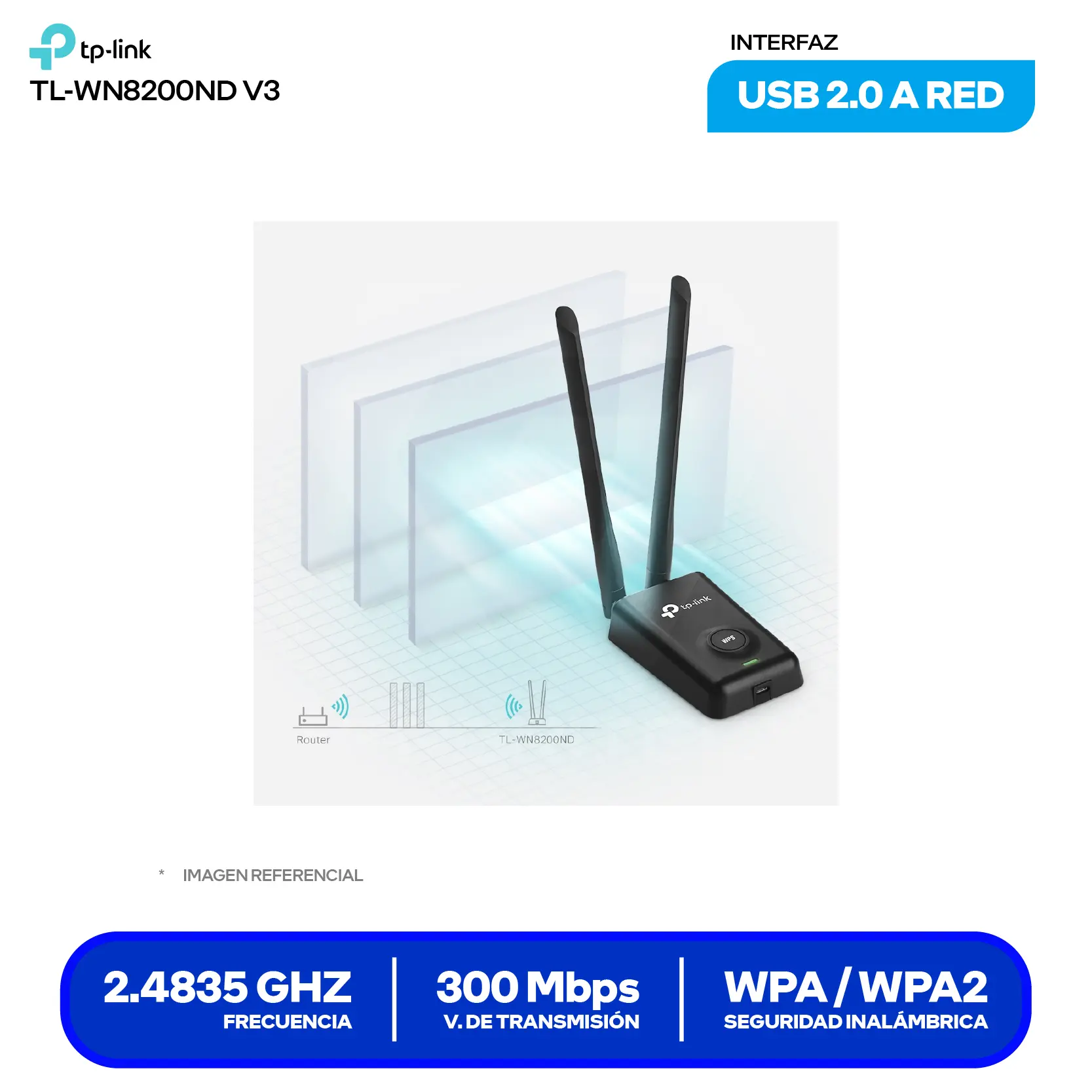 Adaptador USB Inalámbrico TP-Link (TL-WN8200ND) 300 Mbps, 2.4 GHz, Doble Antena desmontables