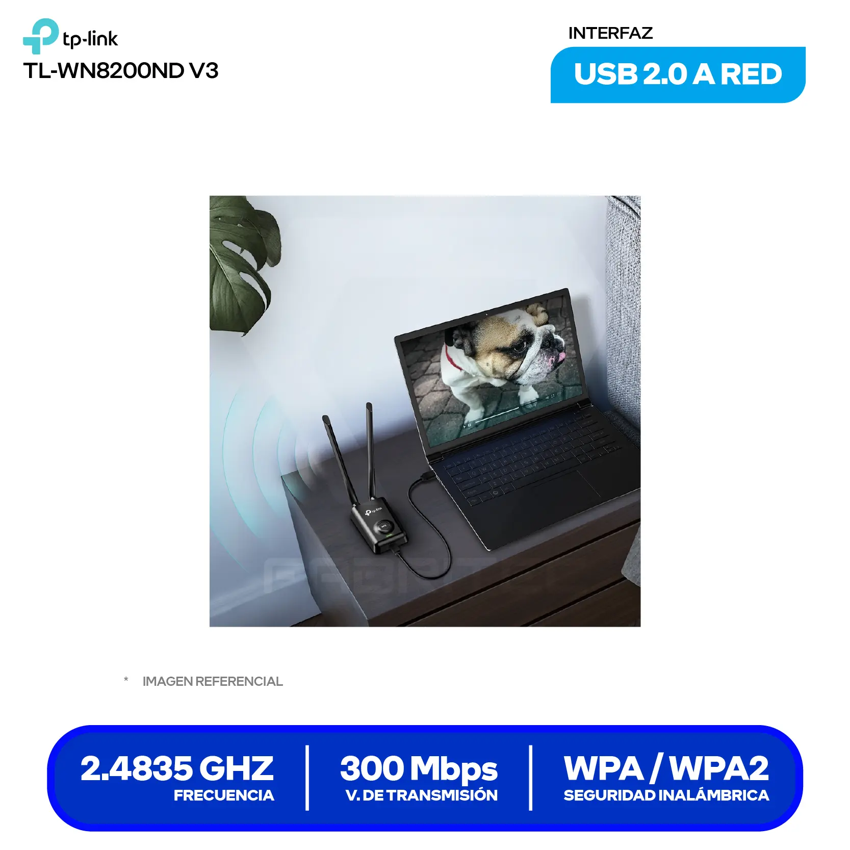 Adaptador USB Inalámbrico TP-Link (TL-WN8200ND) 300 Mbps, 2.4 GHz, Doble Antena desmontables