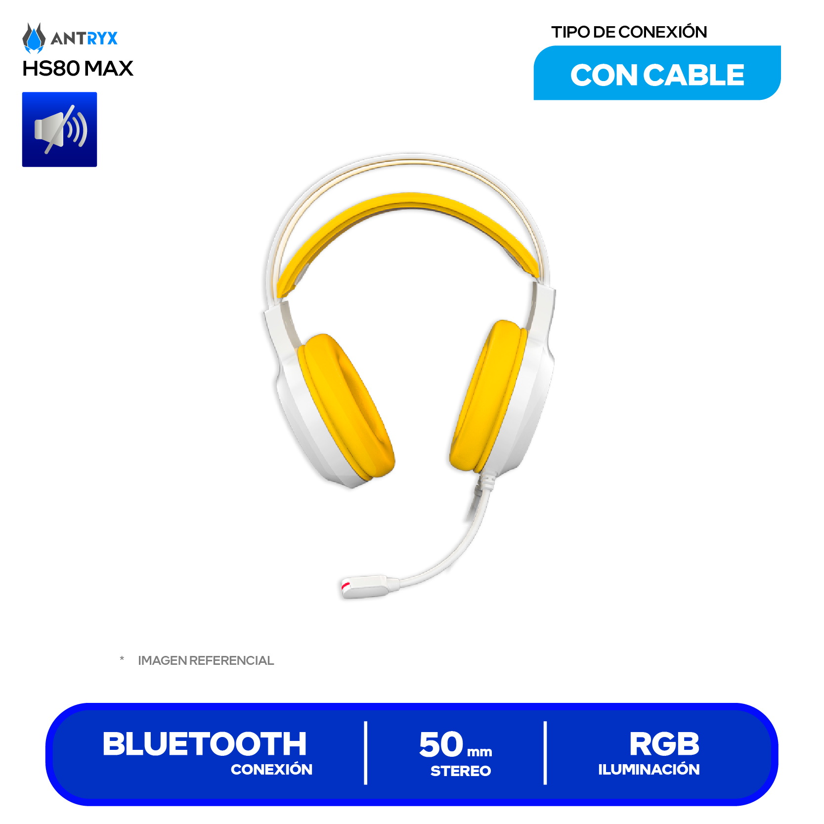 Audífono Gamer Antryx Iris-W Yellow (AGH-7100WYW), Bluetooth, RGB, Micrófono Integrado