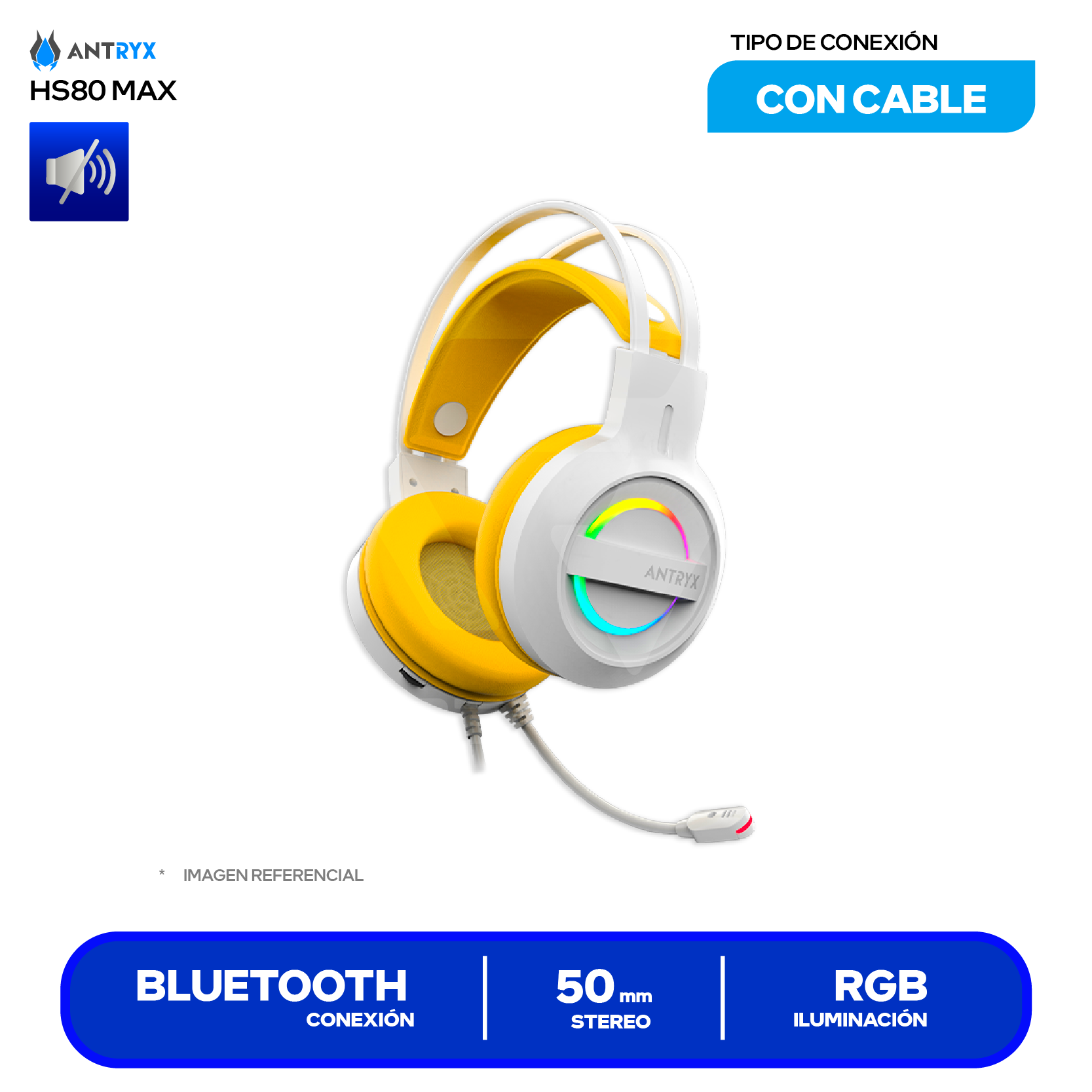 Audífono Gamer Antryx Iris-W Yellow (AGH-7100WYW), Bluetooth, RGB, Micrófono Integrado