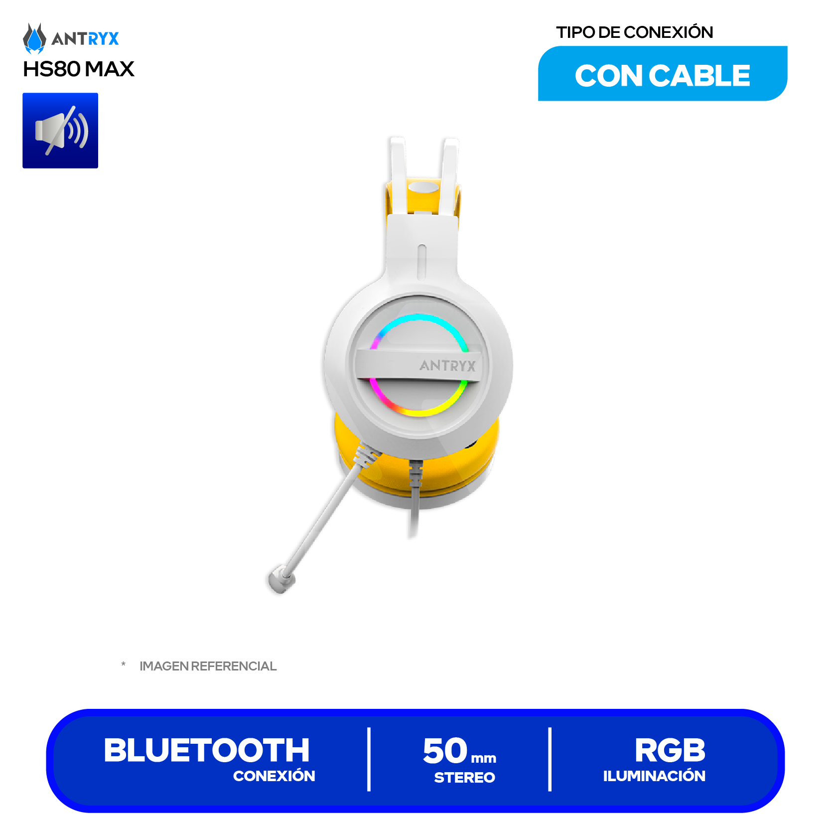 Audífono Gamer Antryx Iris-W Yellow (AGH-7100WYW), Bluetooth, RGB, Micrófono Integrado