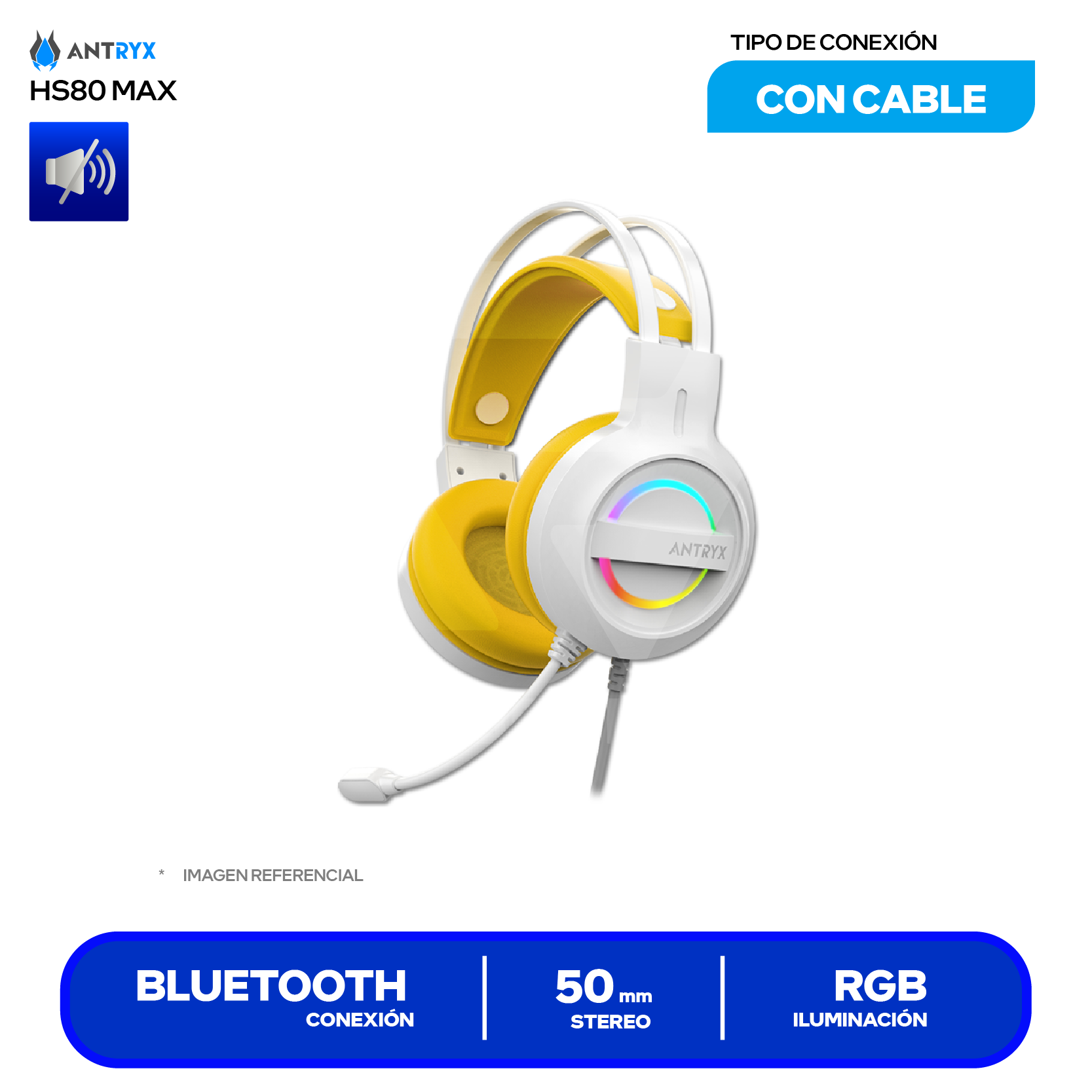 Audífono Gamer Antryx Iris-W Yellow (AGH-7100WYW), Bluetooth, RGB, Micrófono Integrado