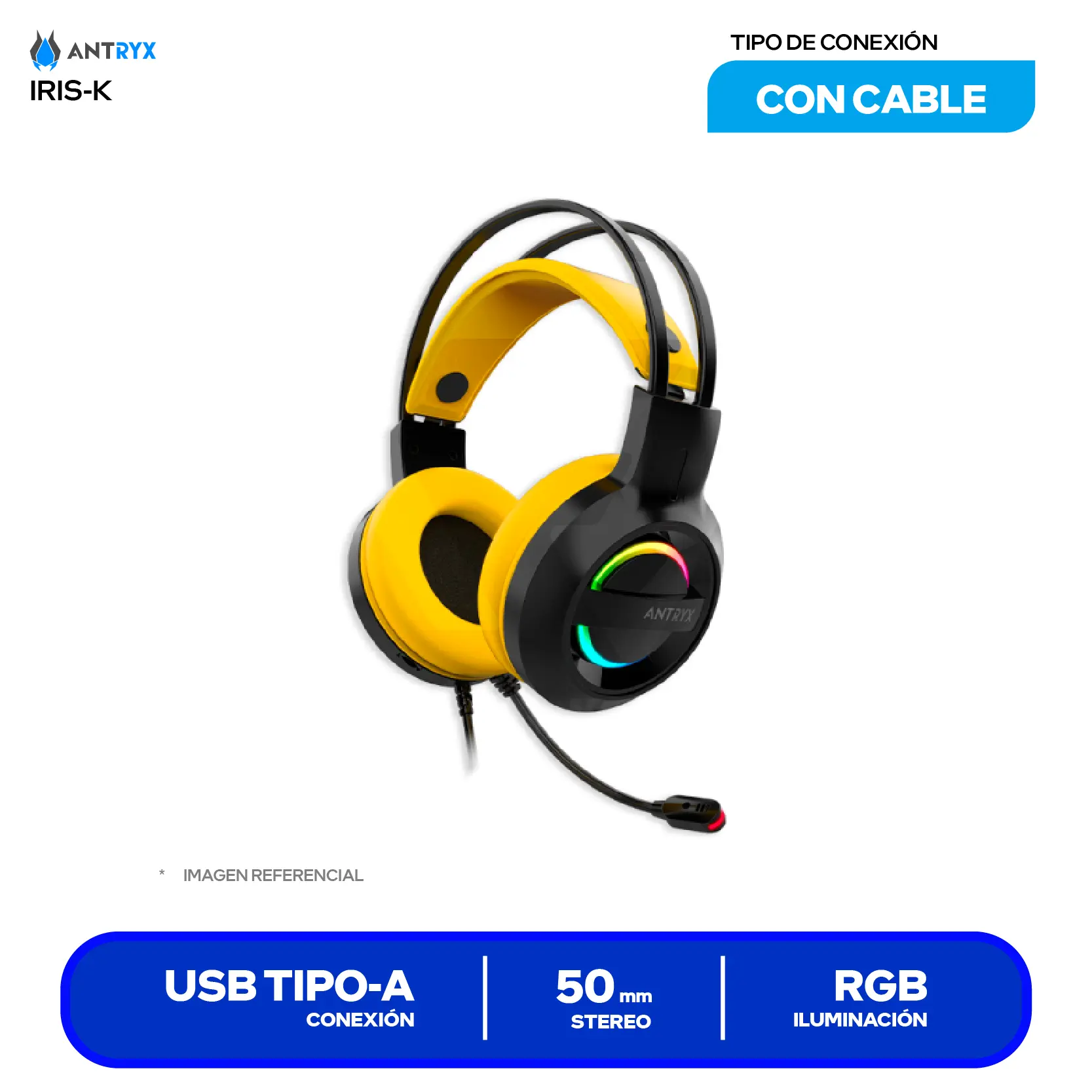 Audífono Gamer Antryx Iris-K Yellow (AGH-7100KYW), USB, Iluminación, Micrófono Integrado