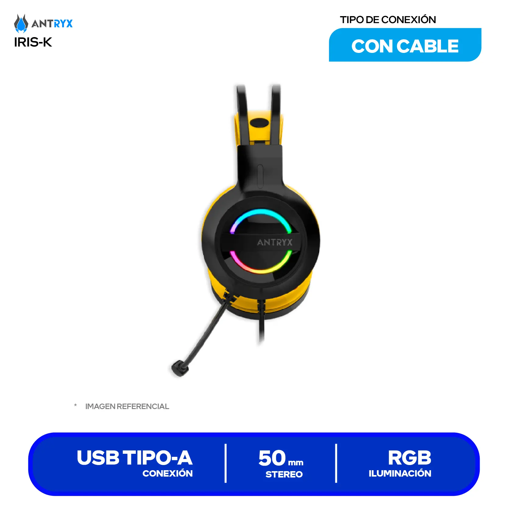 Audífono Gamer Antryx Iris-K Yellow (AGH-7100KYW), USB, Iluminación, Micrófono Integrado