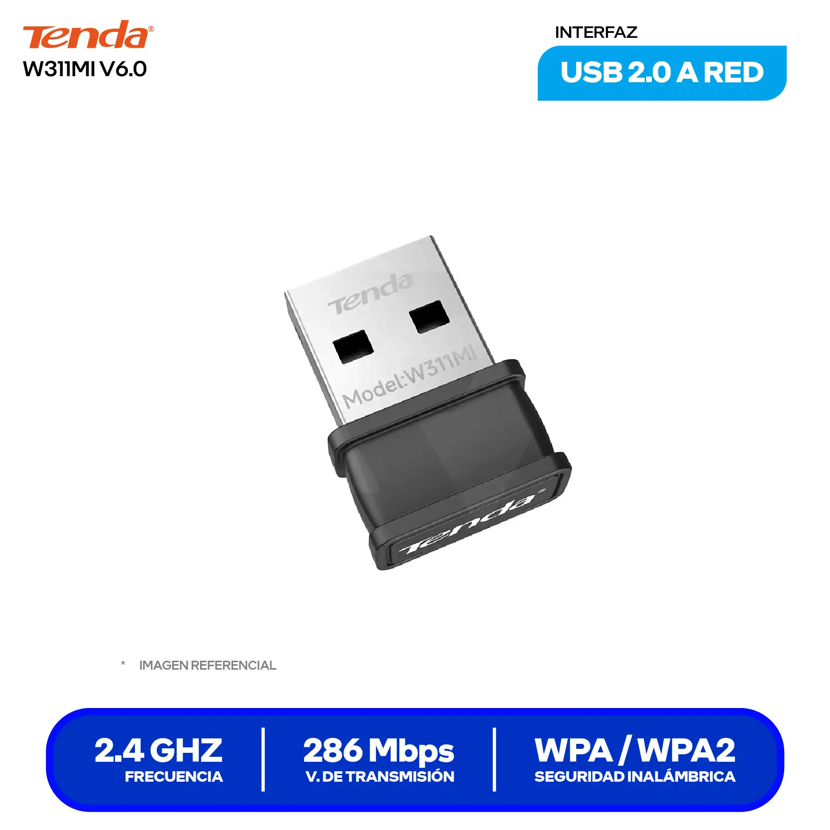 Adaptador USB Nano Inalámbrico Tenda W311MI (W311MI) 286 Mbps, 2.4 GHz, Diseño Ultra Compacto
