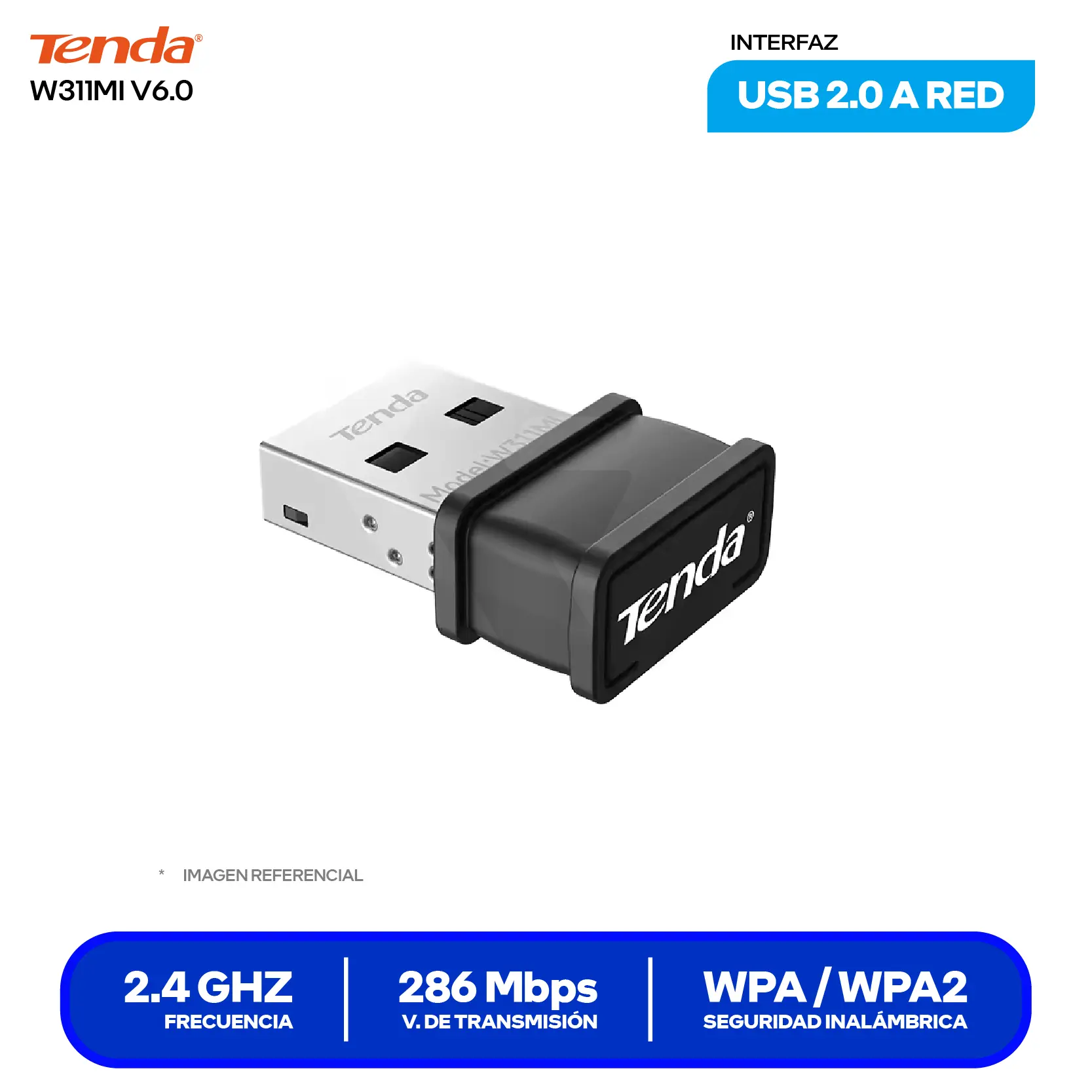 Adaptador USB Nano Inalámbrico Tenda W311MI (W311MI) 286 Mbps, 2.4 GHz, Diseño Ultra Compacto