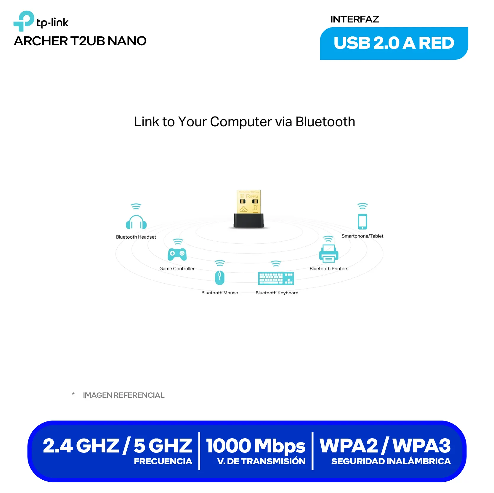 Adaptador USB Inalámbrico TP-Link Archer T2UB Nano AC600 (0152502358) Doble Banda, Bluetooth 4.2