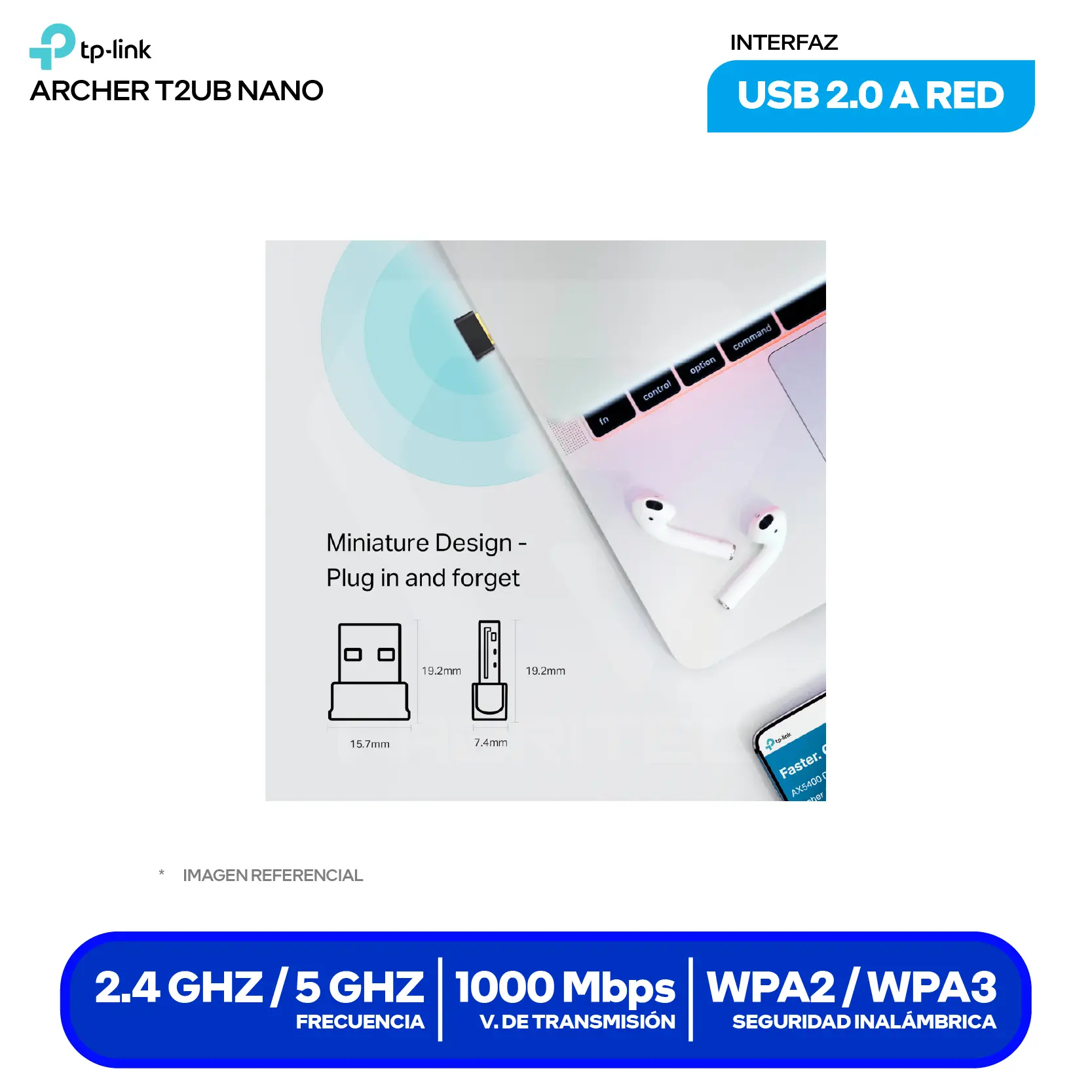 Adaptador USB Inalámbrico TP-Link Archer T2UB Nano AC600 (0152502358) Doble Banda, Bluetooth 4.2