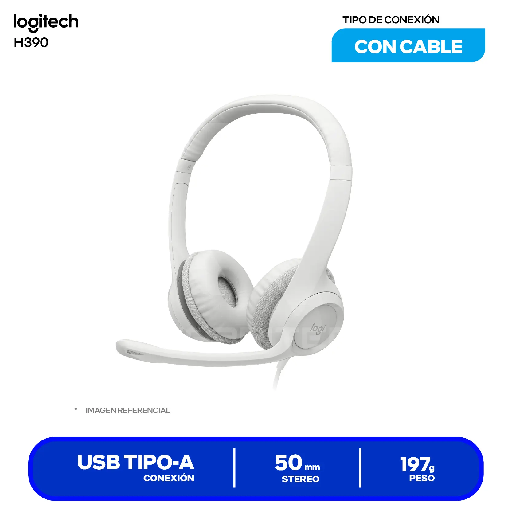 Audífono de Oficina Logitech H390 Blanco (981-001285) USB, Micrófono Integrado