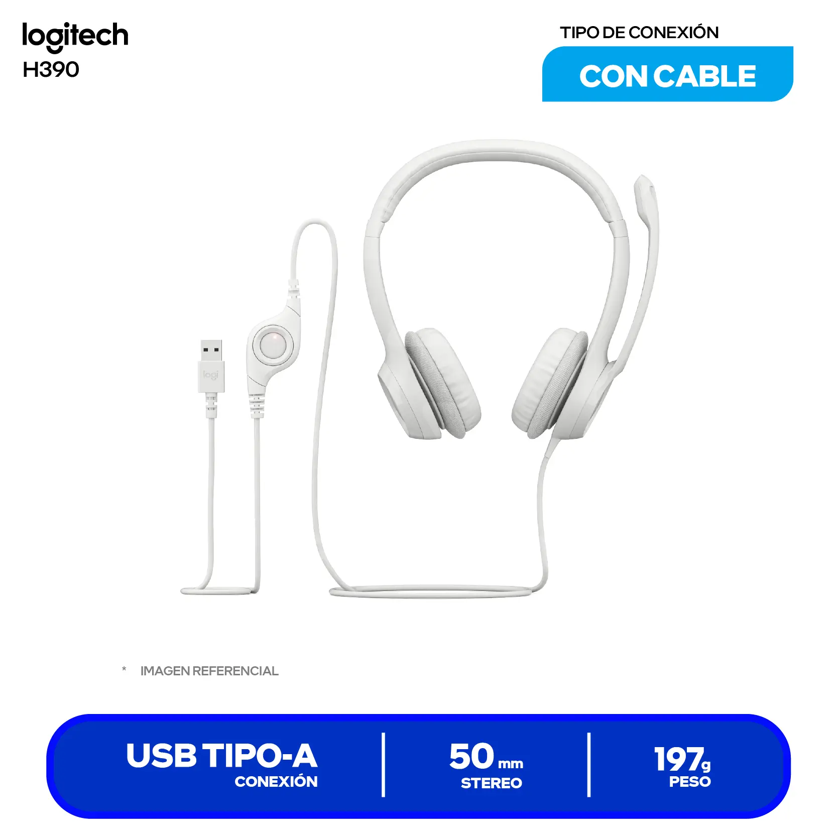 Audífono de Oficina Logitech H390 Blanco (981-001285) USB, Micrófono Integrado