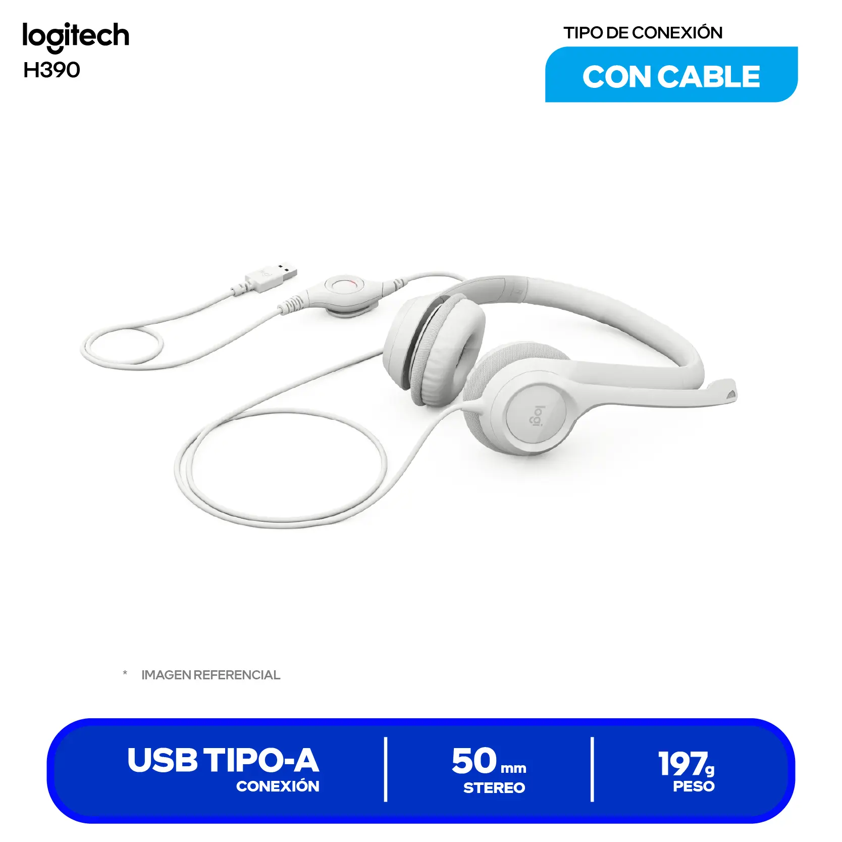 Audífono de Oficina Logitech H390 Blanco (981-001285) USB, Micrófono Integrado