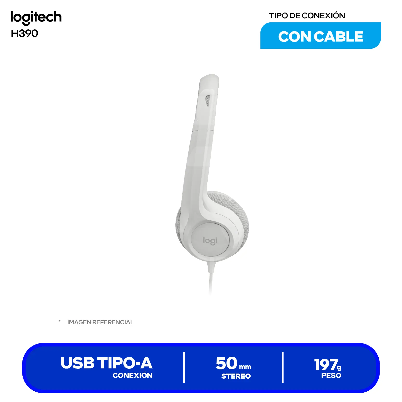 Audífono de Oficina Logitech H390 Blanco (981-001285) USB, Micrófono Integrado