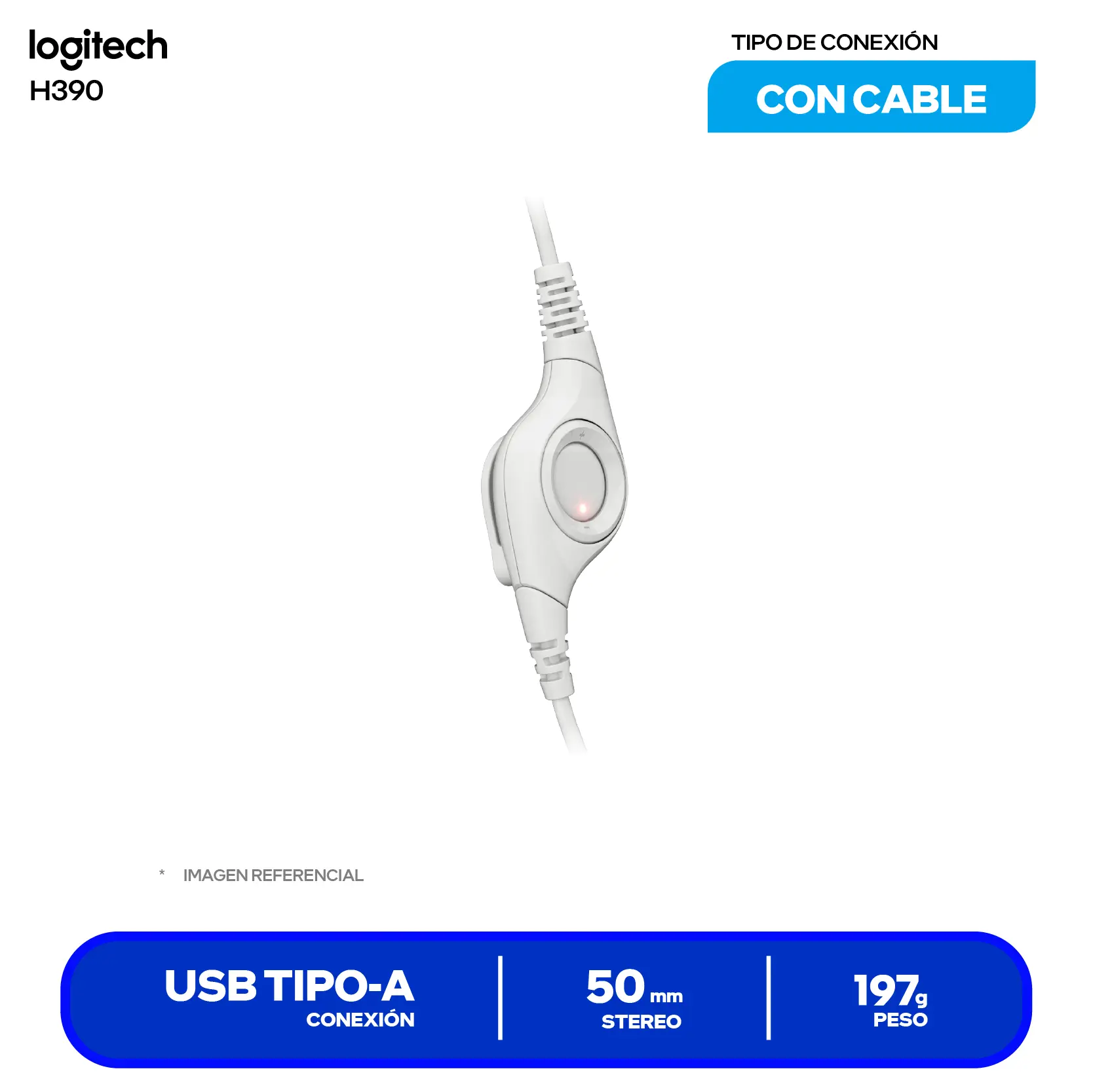 Audífono de Oficina Logitech H390 Blanco (981-001285) USB, Micrófono Integrado