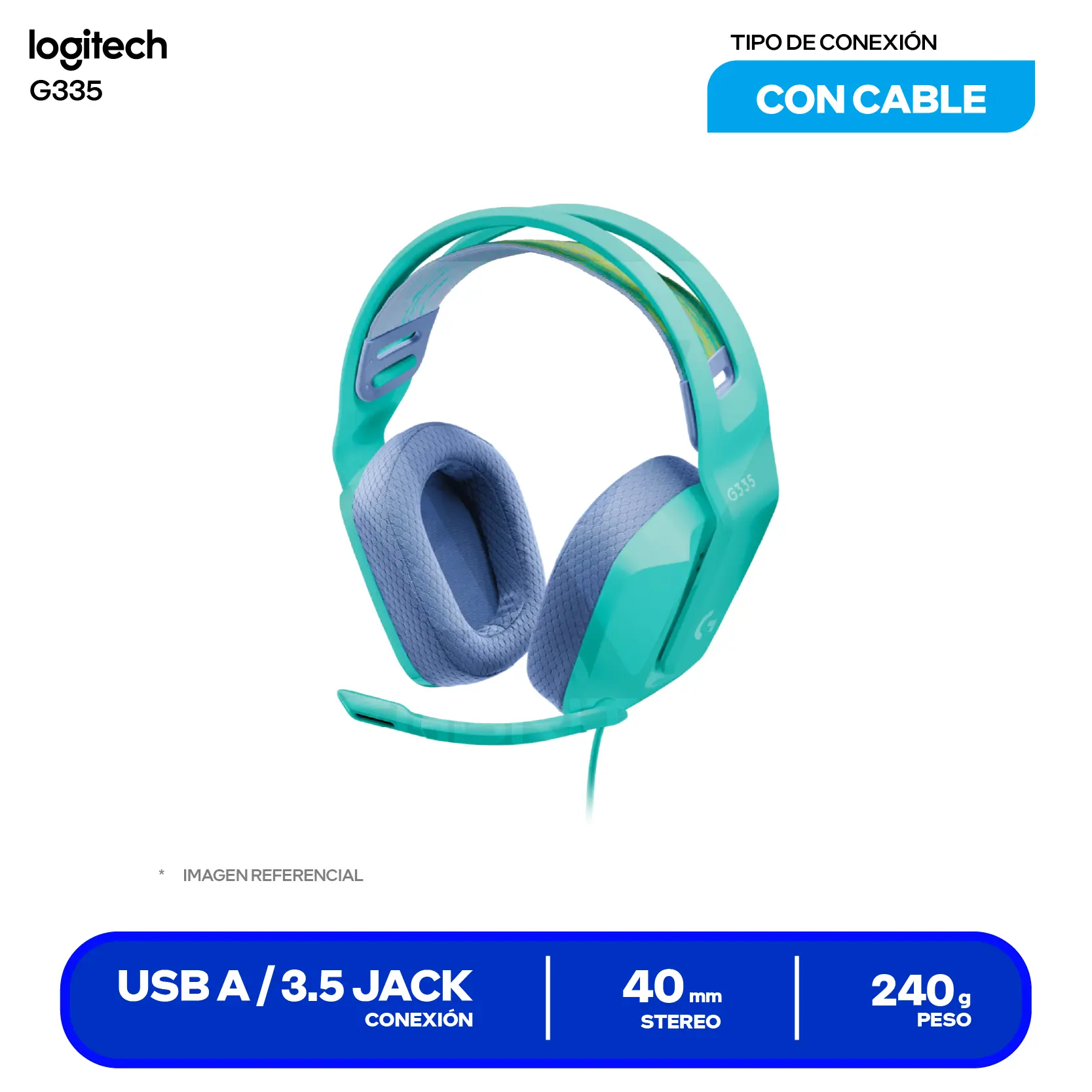 Audífono Gamer Logitech G335 Menta (981-001023) Jack 3.5mm con Splitter PC, Micrófono Integrado