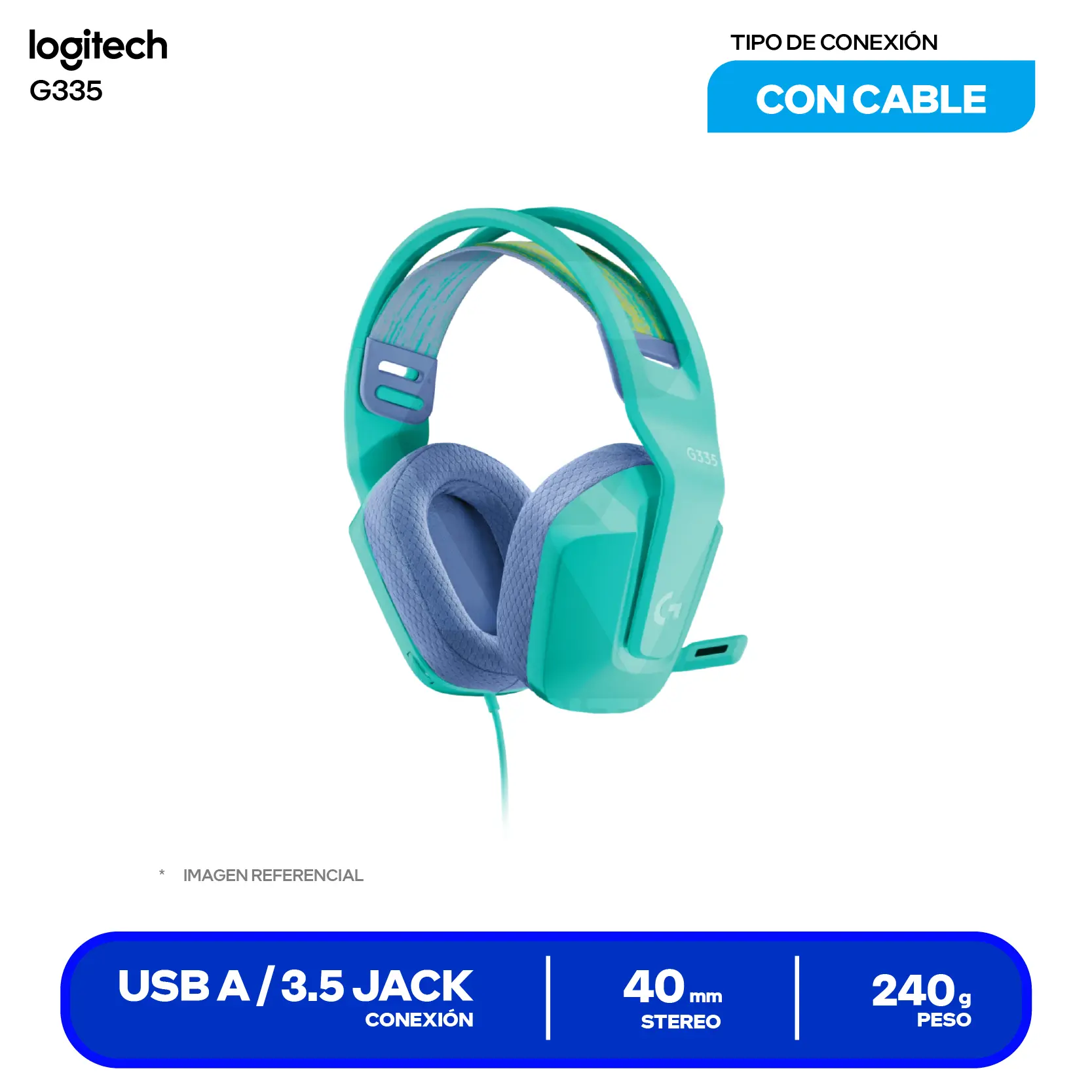 Audífono Gamer Logitech G335 Menta (981-001023) Jack 3.5mm con Splitter PC, Micrófono Integrado
