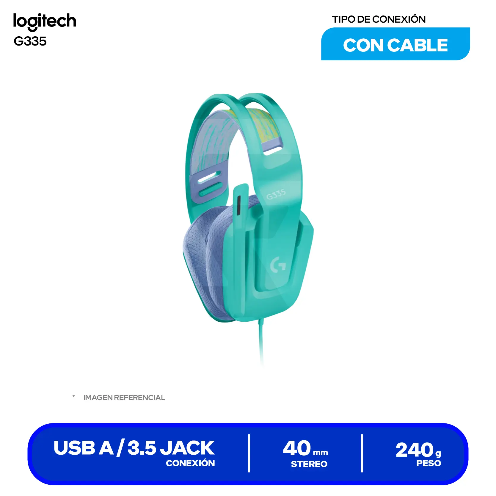 Audífono Gamer Logitech G335 Menta (981-001023) Jack 3.5mm con Splitter PC, Micrófono Integrado