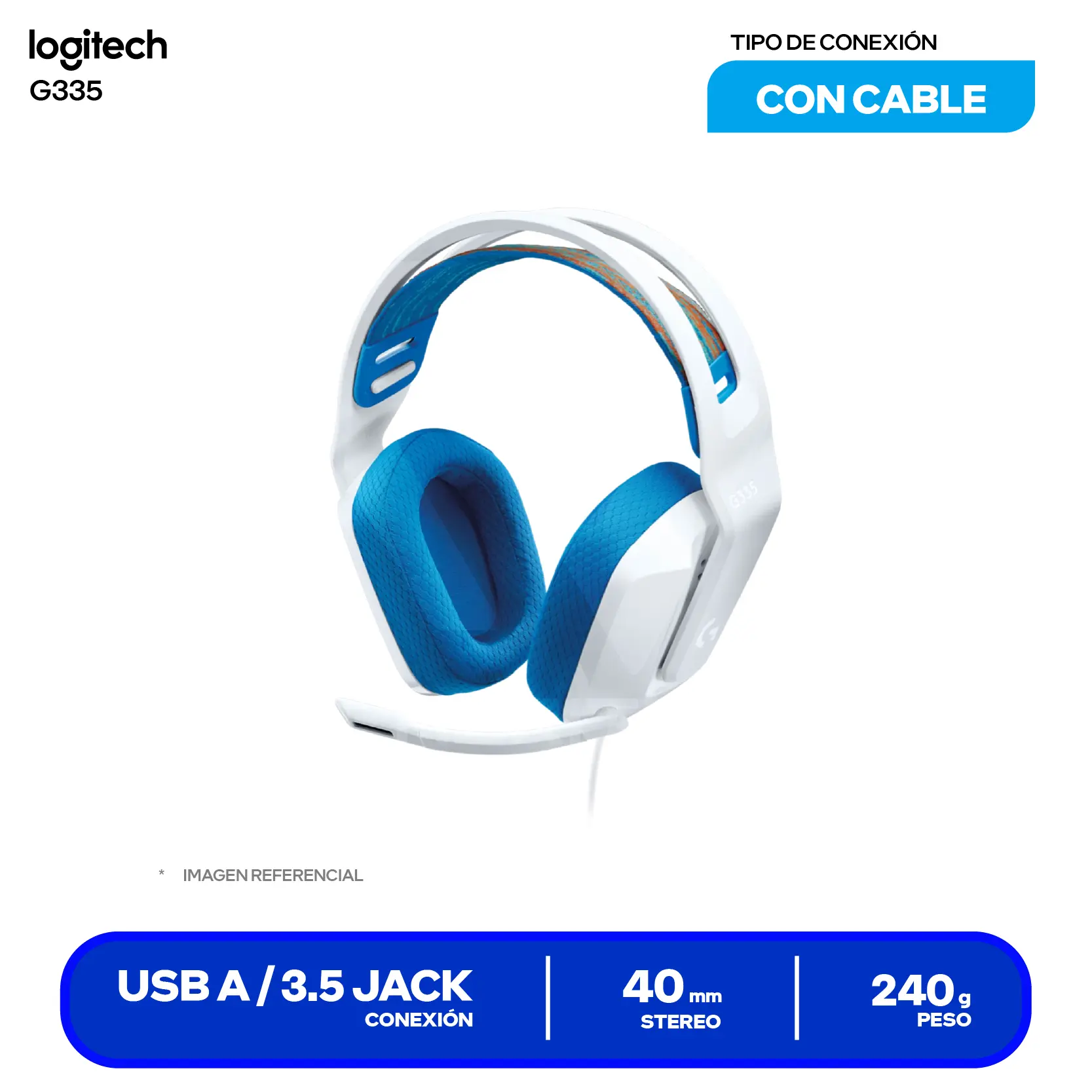 Audífono Gamer Logitech G335 Blanco (981-001017) Jack 3.5mm con Splitter PC, Micrófono Integrado