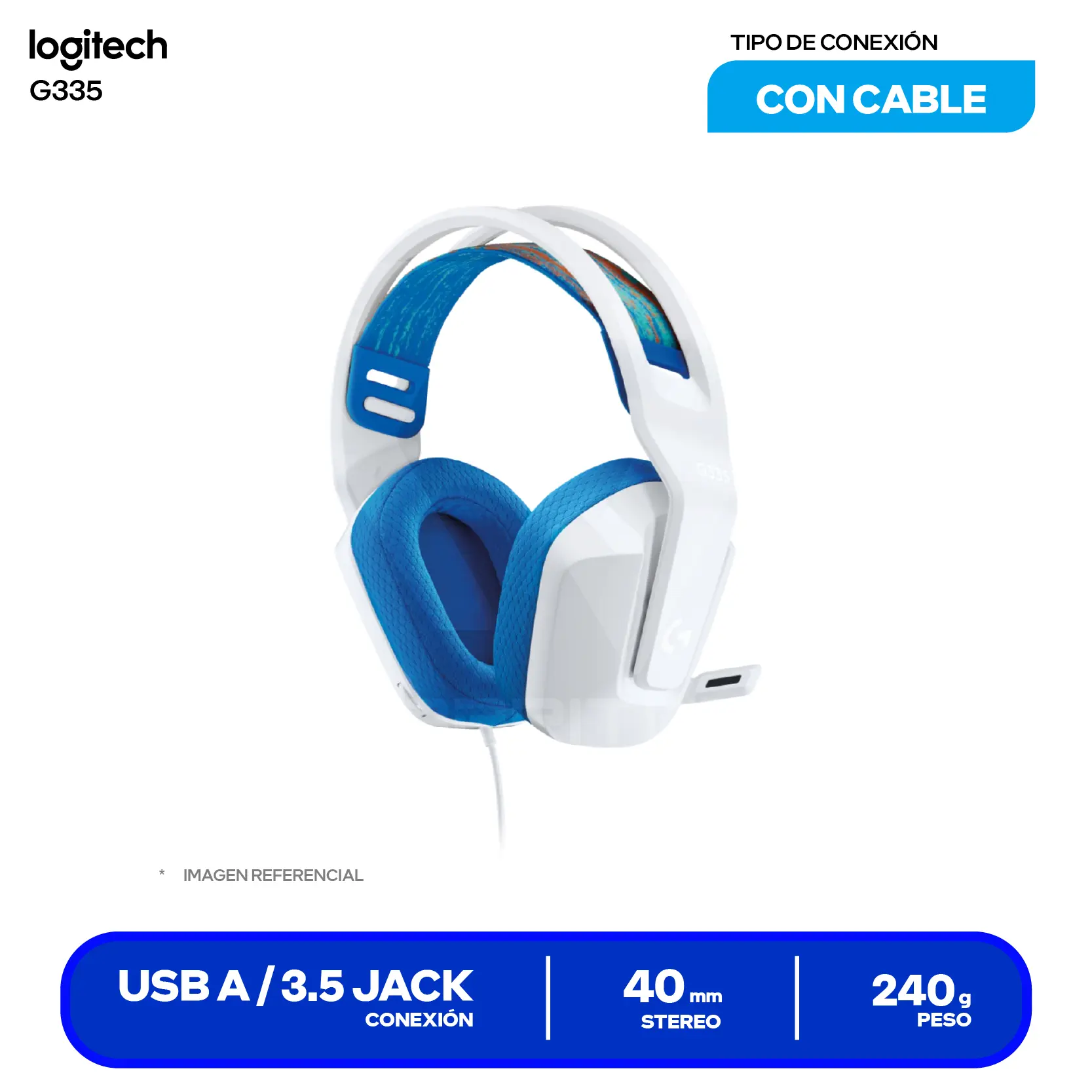Audífono Gamer Logitech G335 Blanco (981-001017) Jack 3.5mm con Splitter PC, Micrófono Integrado