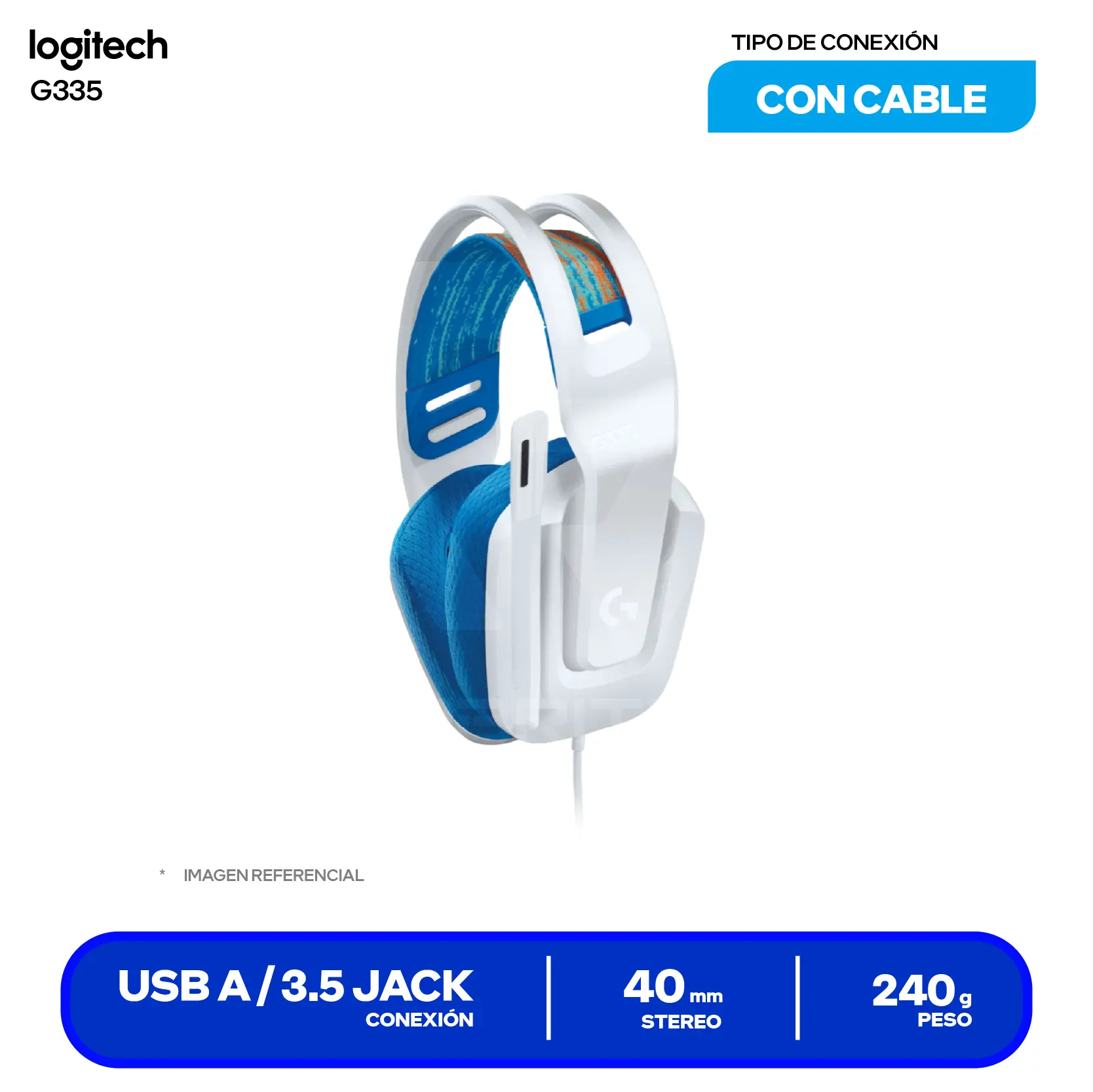 Audífono Gamer Logitech G335 Blanco (981-001017) Jack 3.5mm con Splitter PC, Micrófono Integrado