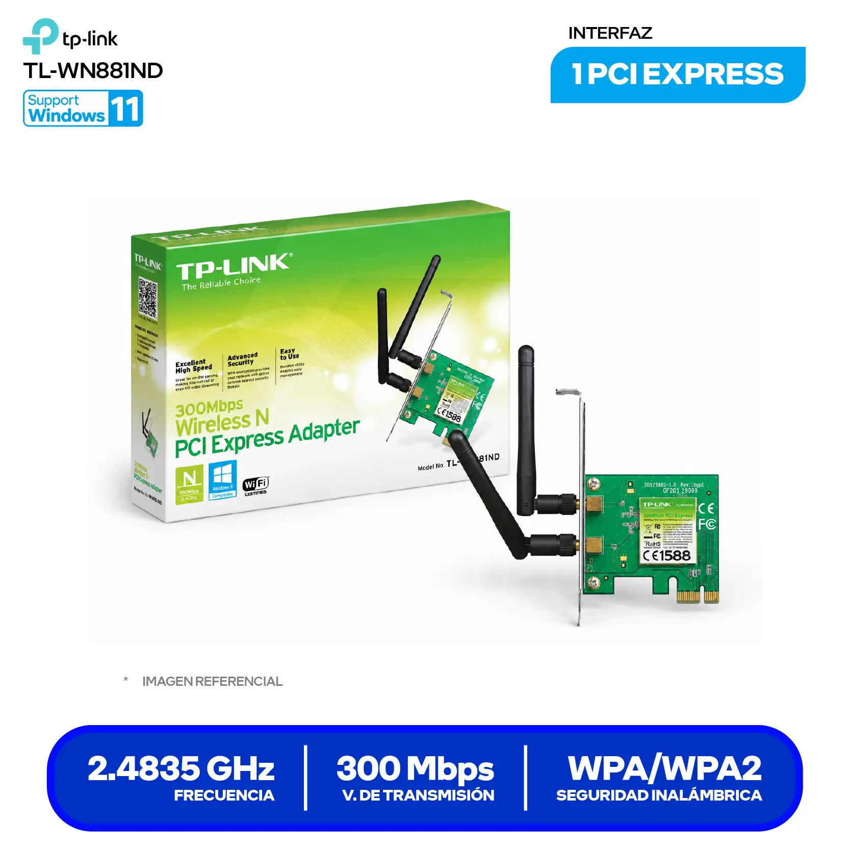 Adaptador PCI ExpressTP-Link TL-WN881ND (TL-WN881ND) 300 Mbps, 2.4 GHz, Doble Antena Desmontable