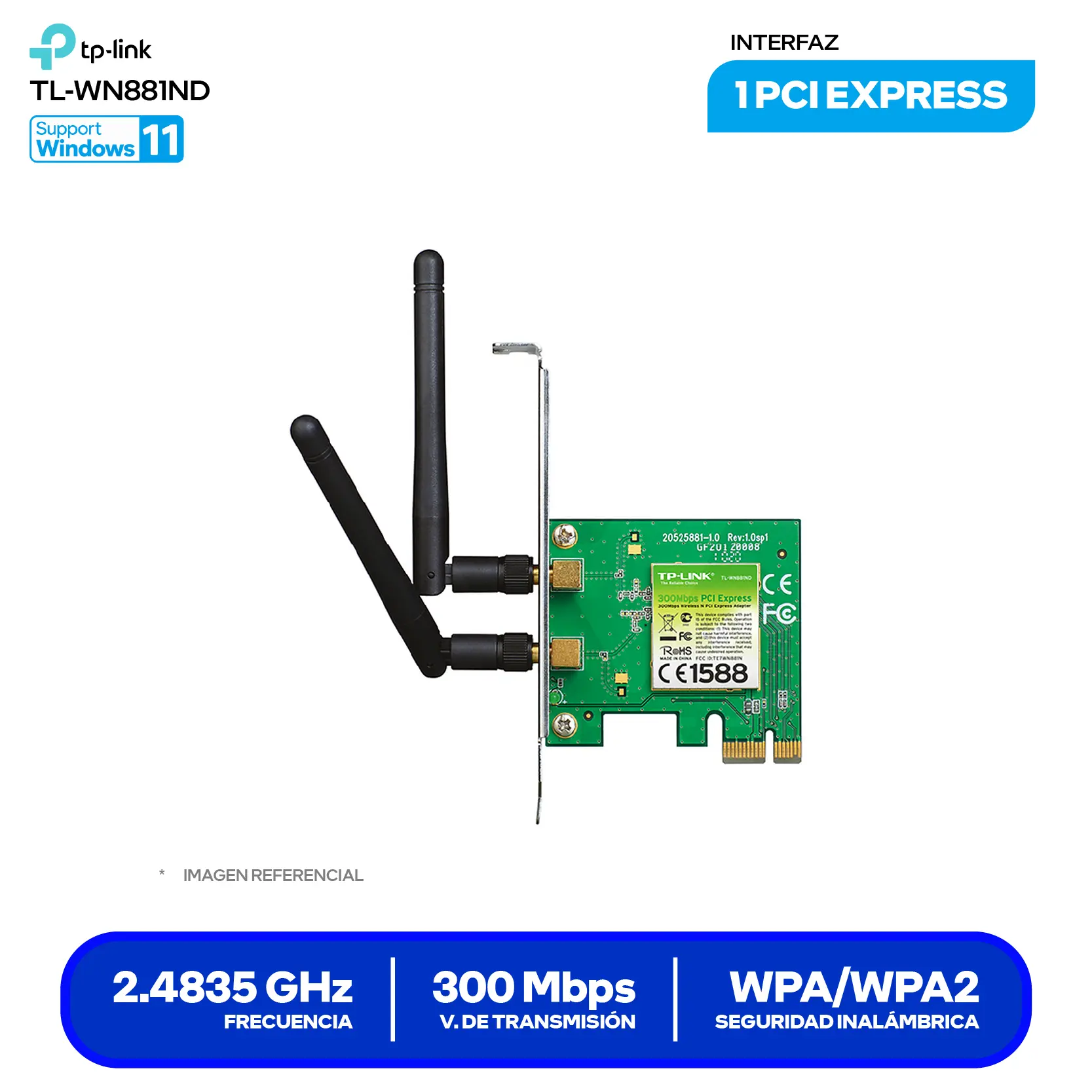 Adaptador PCI ExpressTP-Link TL-WN881ND (TL-WN881ND) 300 Mbps, 2.4 GHz, Doble Antena Desmontable