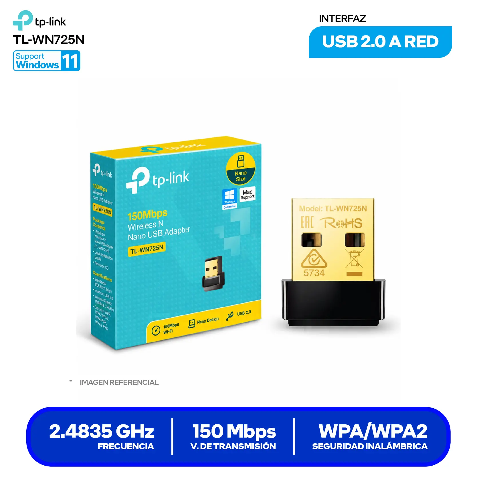 Adaptador USB Nano Inalámbrico TP-Link (TL-WN725N) 150 Mbps, 2.4 GHz, Antena Interna