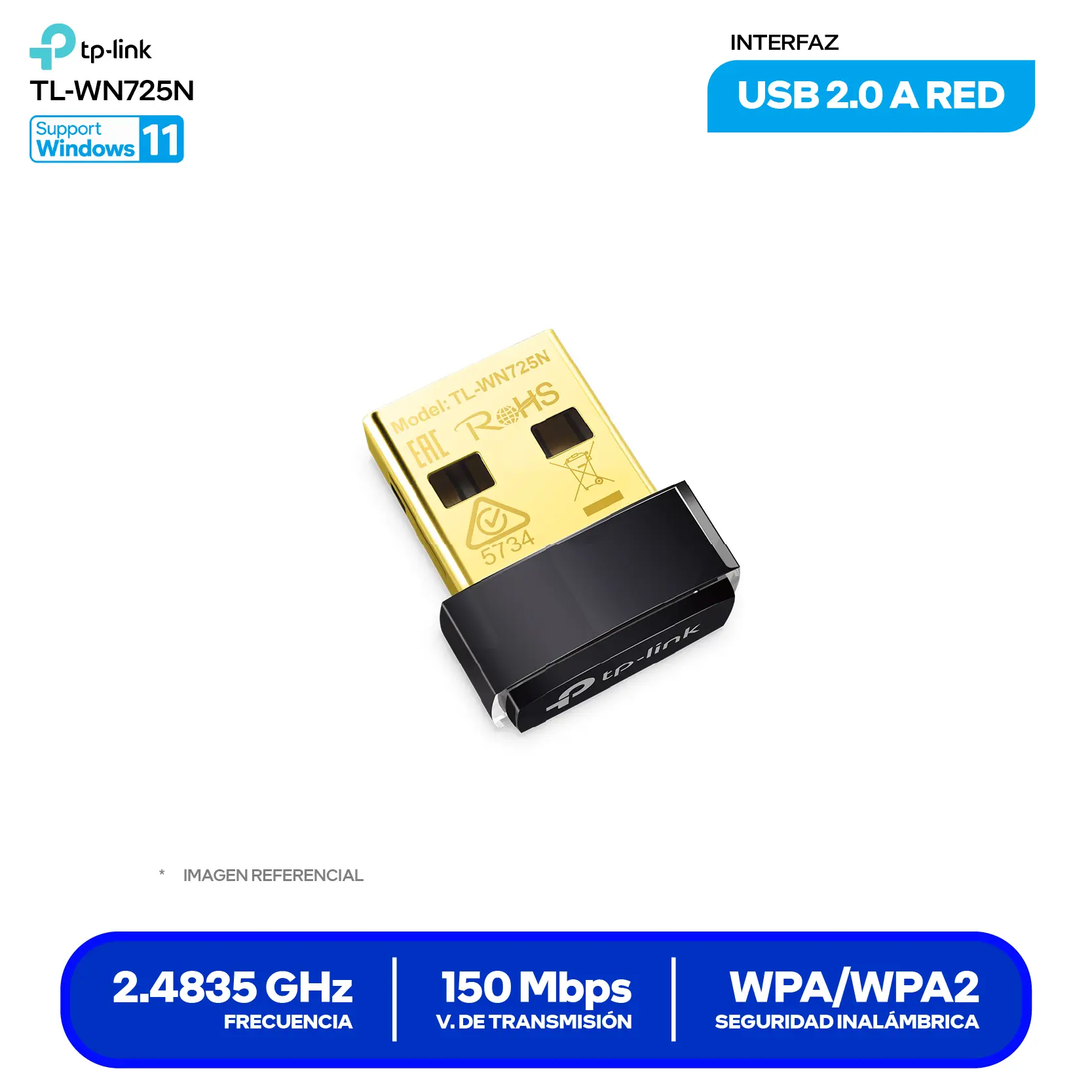 Adaptador USB Nano Inalámbrico TP-Link (TL-WN725N) 150 Mbps, 2.4 GHz, Antena Interna
