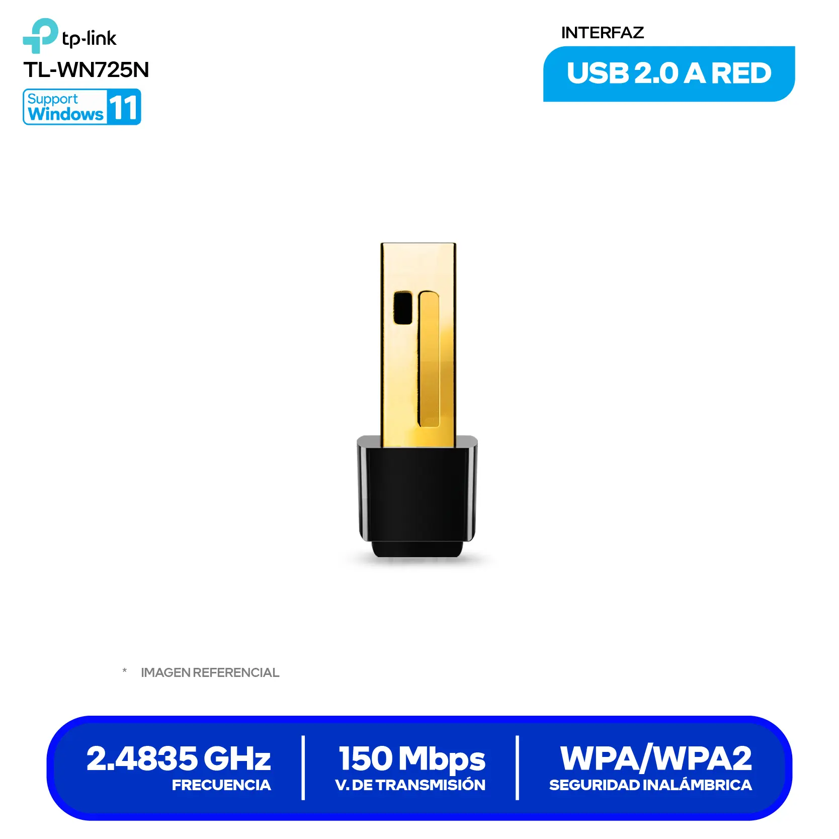 Adaptador USB Nano Inalámbrico TP-Link (TL-WN725N) 150 Mbps, 2.4 GHz, Antena Interna