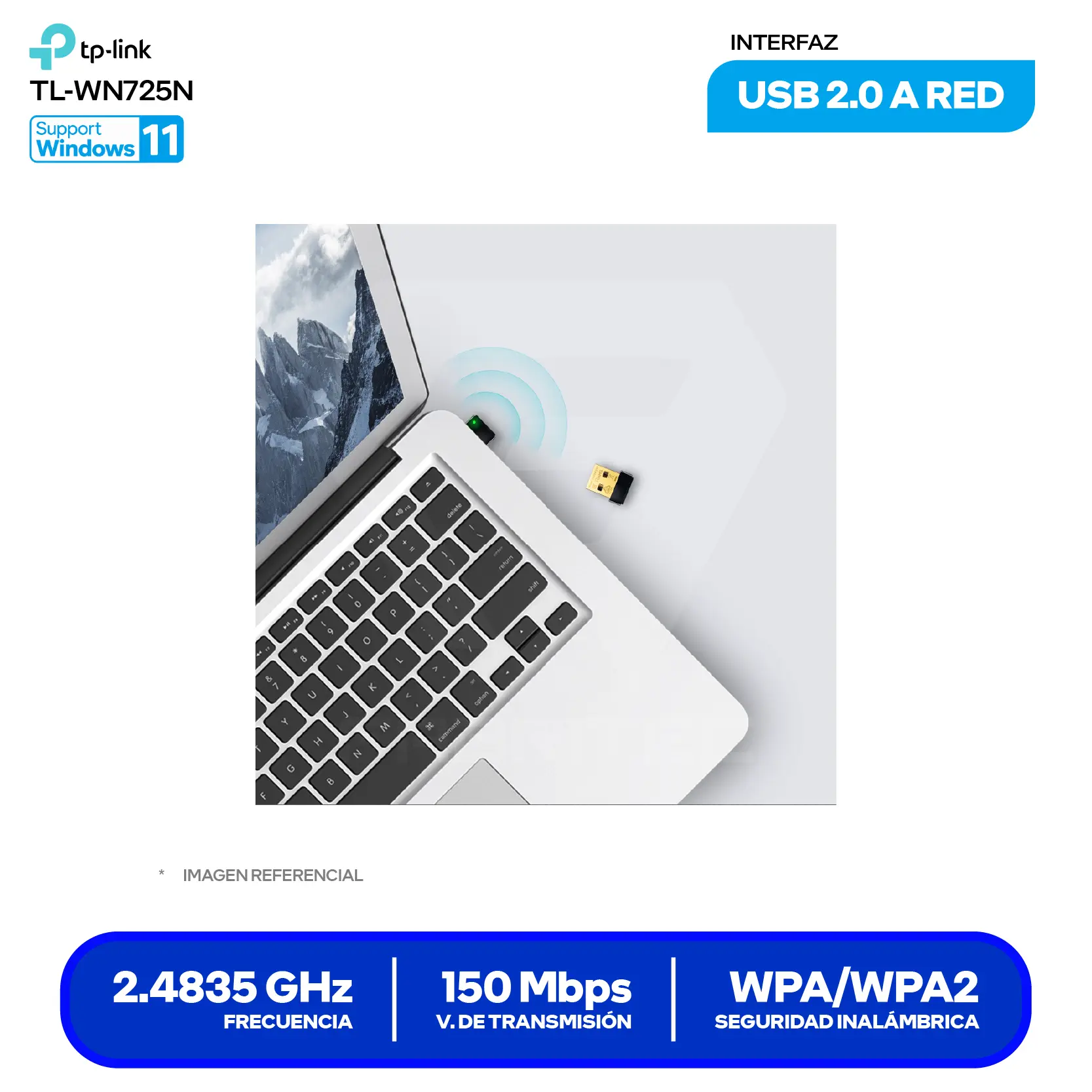 Adaptador USB Nano Inalámbrico TP-Link (TL-WN725N) 150 Mbps, 2.4 GHz, Antena Interna