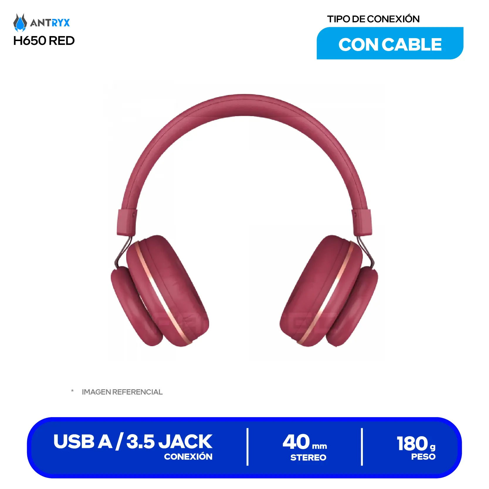 Audífono Gamer Antryx H650R Rojo (ADS-H650R) Jack 3.5mm con Adaptador Divisor PC