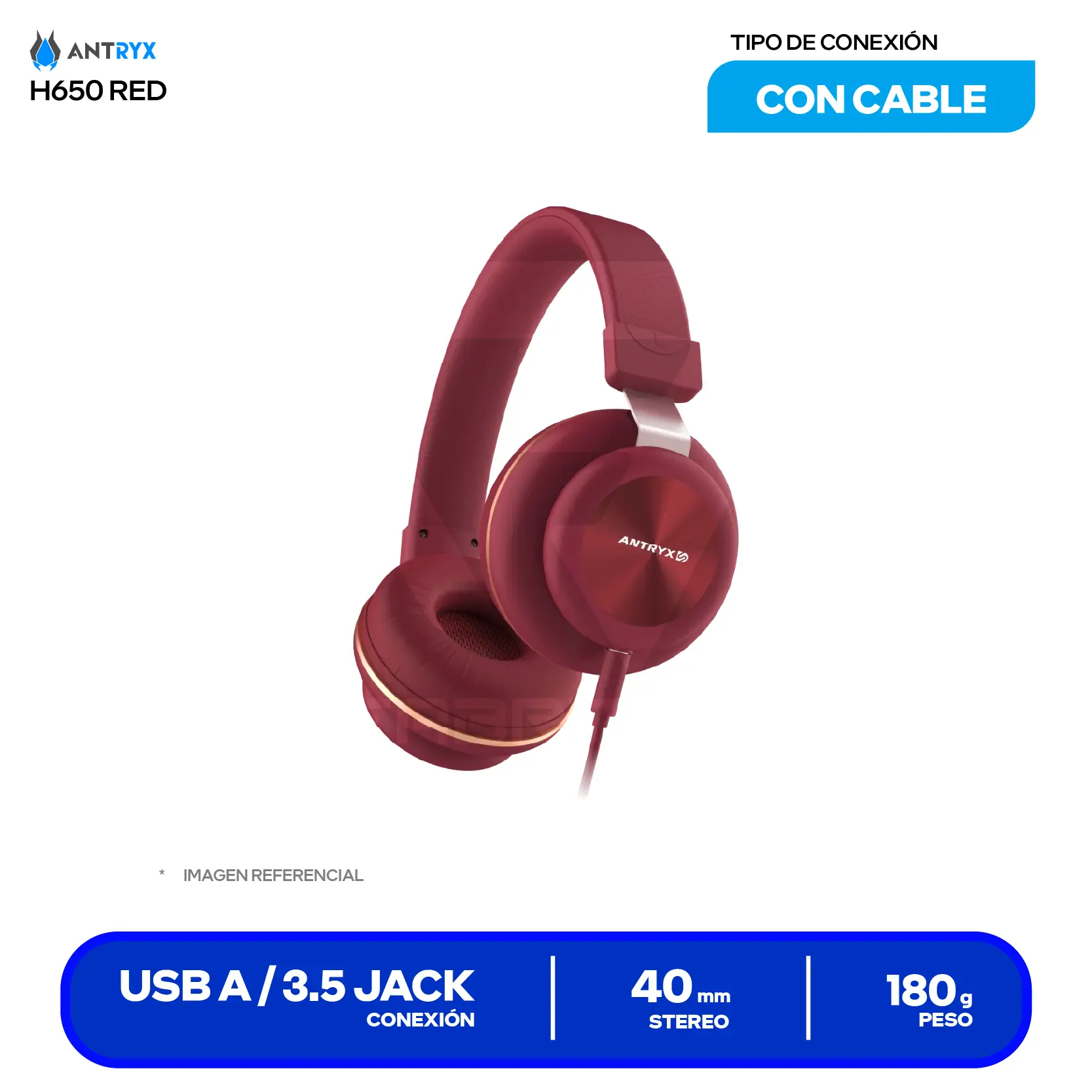 Audífono Gamer Antryx H650R Rojo (ADS-H650R) Jack 3.5mm con Adaptador Divisor PC