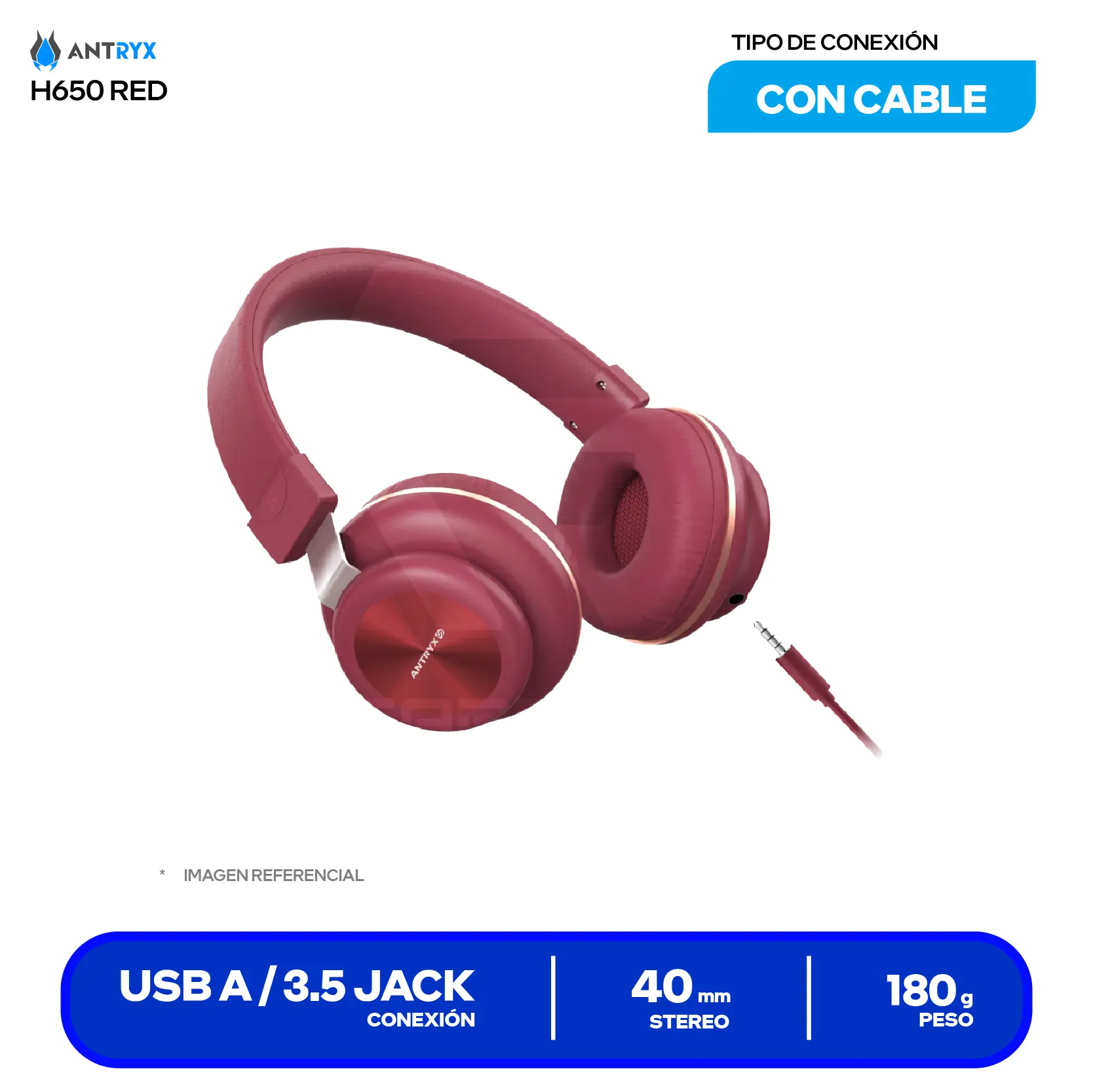 Audífono Gamer Antryx H650R Rojo (ADS-H650R) Jack 3.5mm con Adaptador Divisor PC