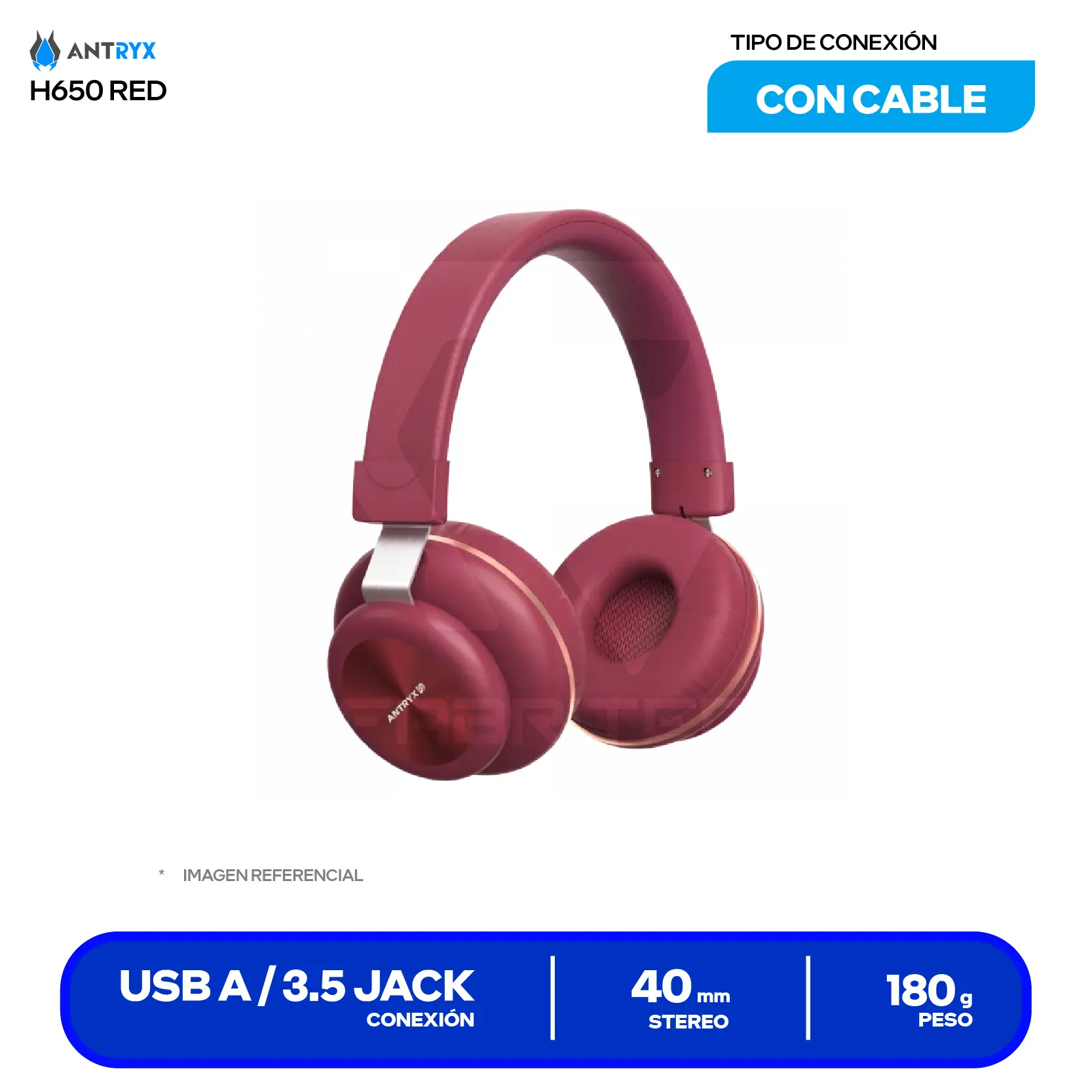 Audífono Gamer Antryx H650R Rojo (ADS-H650R) Jack 3.5mm con Adaptador Divisor PC
