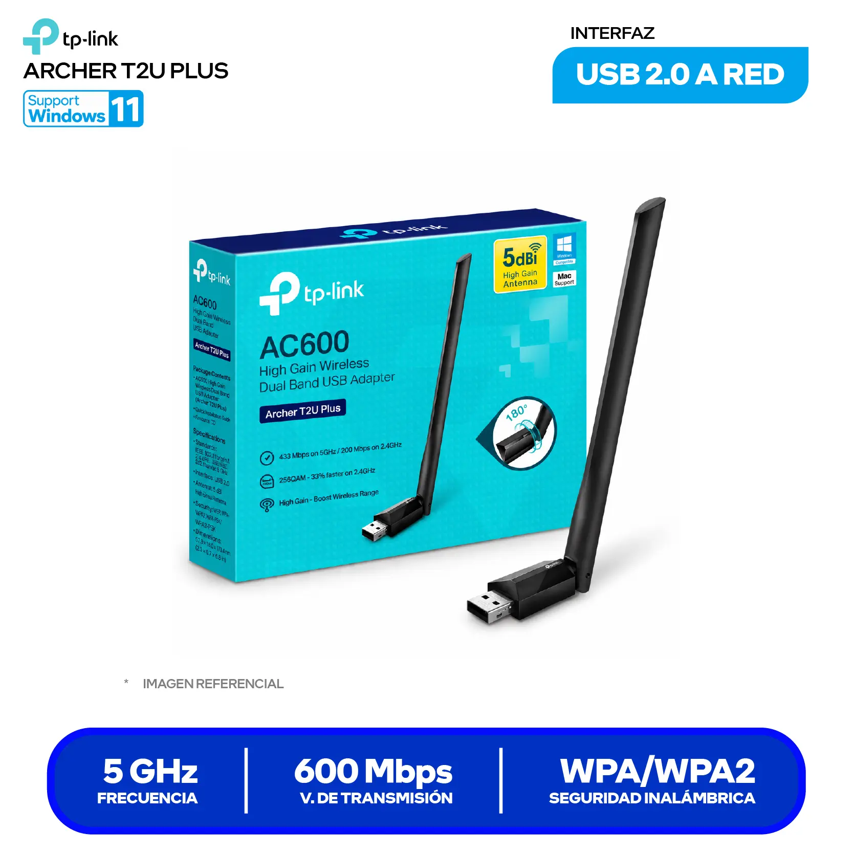 Adaptador USB Inalámbrico TP-Link Archer T2U Plus AC600 (0152502274) Doble Banda, Antena Externa