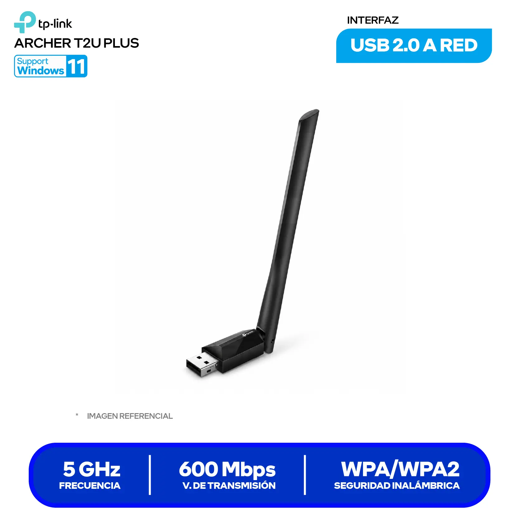 Adaptador USB Inalámbrico TP-Link Archer T2U Plus AC600 (0152502274) Doble Banda, Antena Externa
