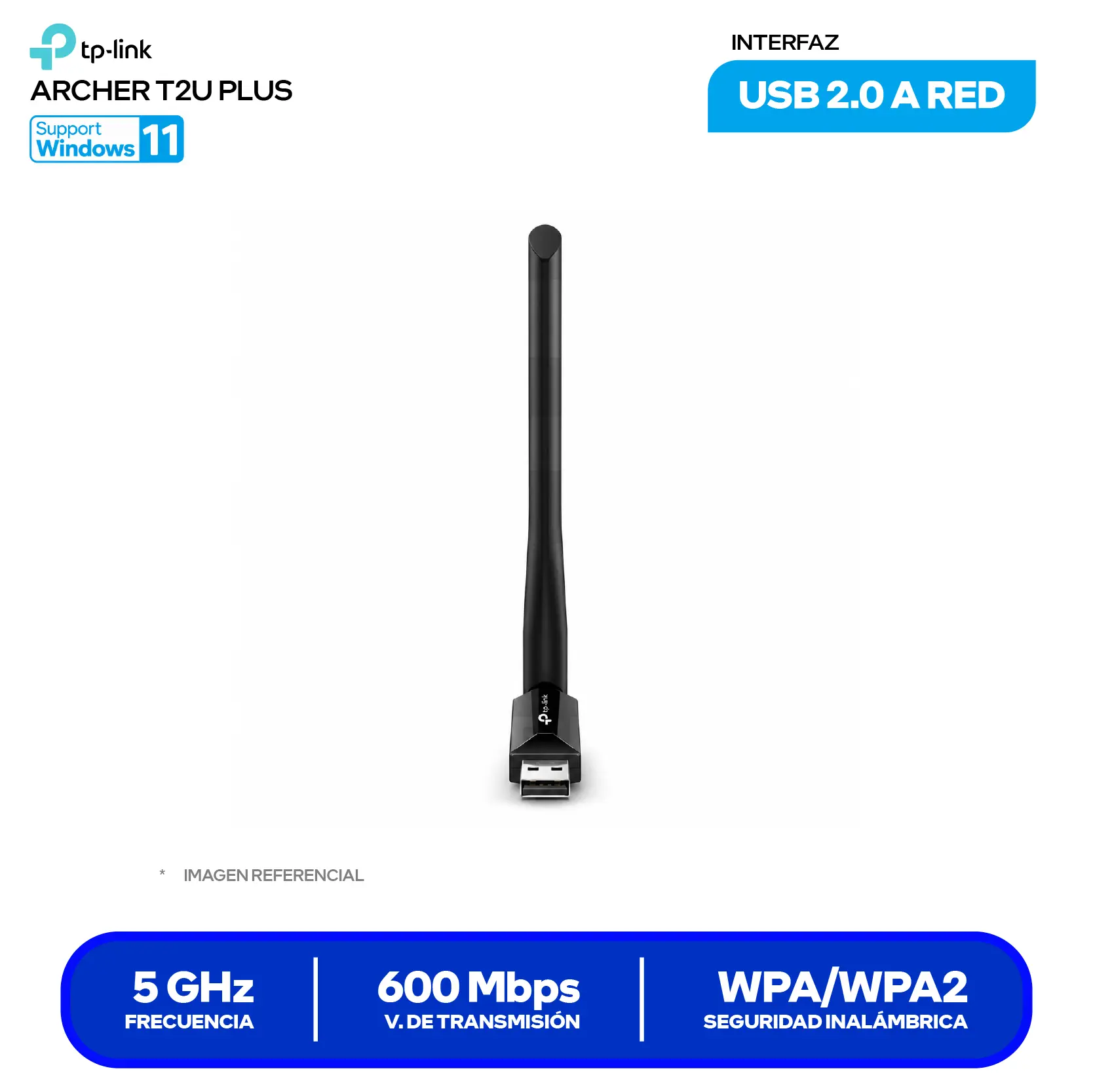 Adaptador USB Inalámbrico TP-Link Archer T2U Plus AC600 (0152502274) Doble Banda, Antena Externa