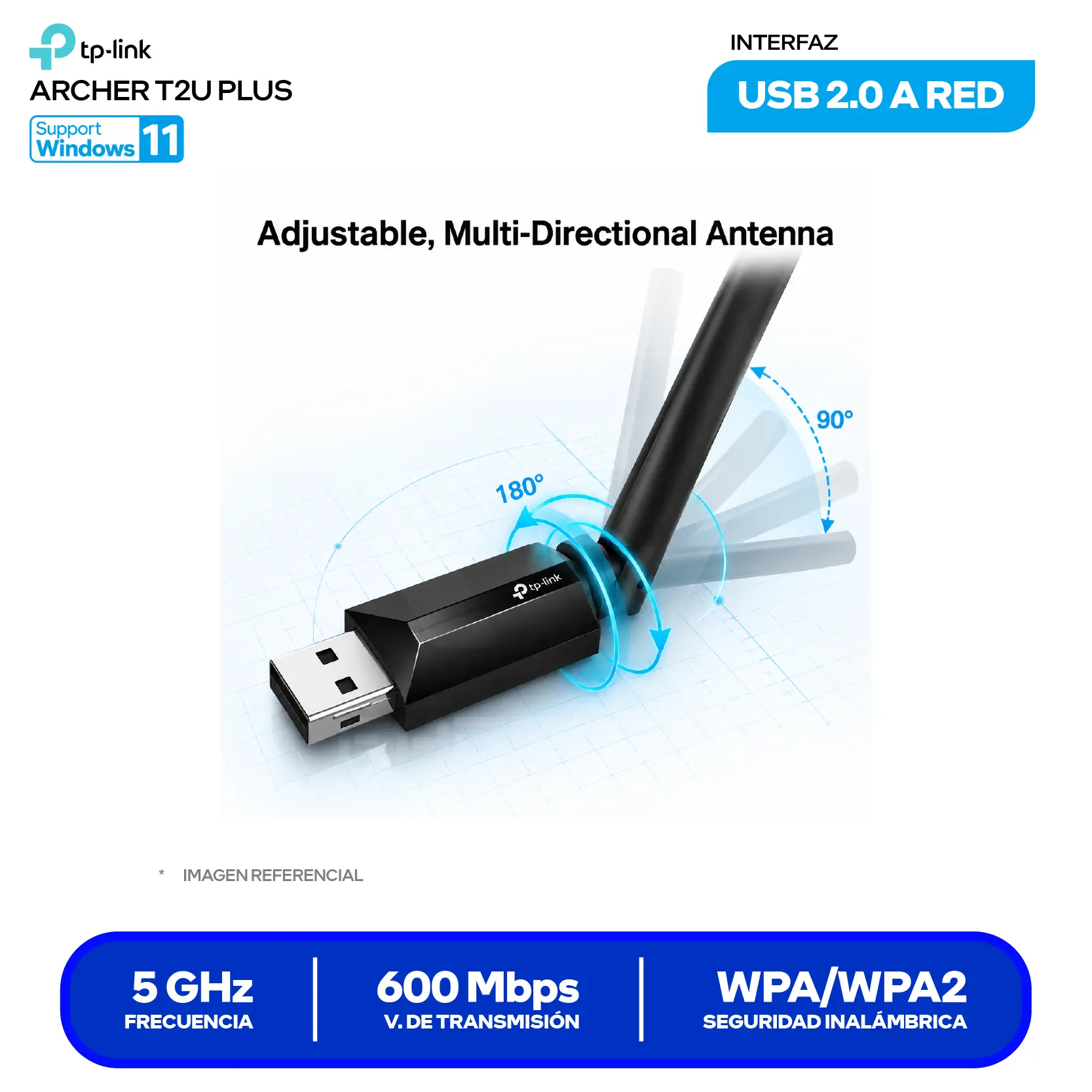 Adaptador USB Inalámbrico TP-Link Archer T2U Plus AC600 (0152502274) Doble Banda, Antena Externa