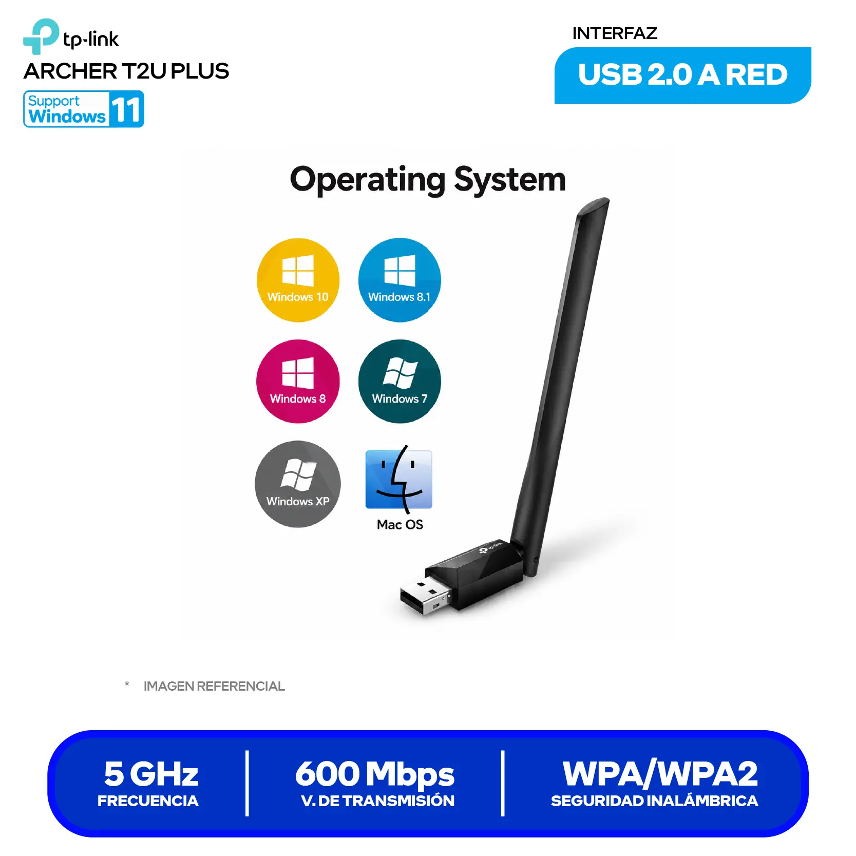 Adaptador USB Inalámbrico TP-Link Archer T2U Plus AC600 (0152502274) Doble Banda, Antena Externa