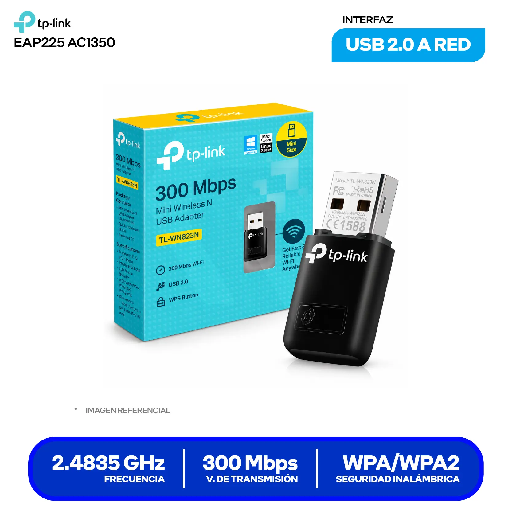 Mini Adaptador Inalámbrico TP-Link TL-WN823N (0152502517) 300 Mbps, 2.4 GHz