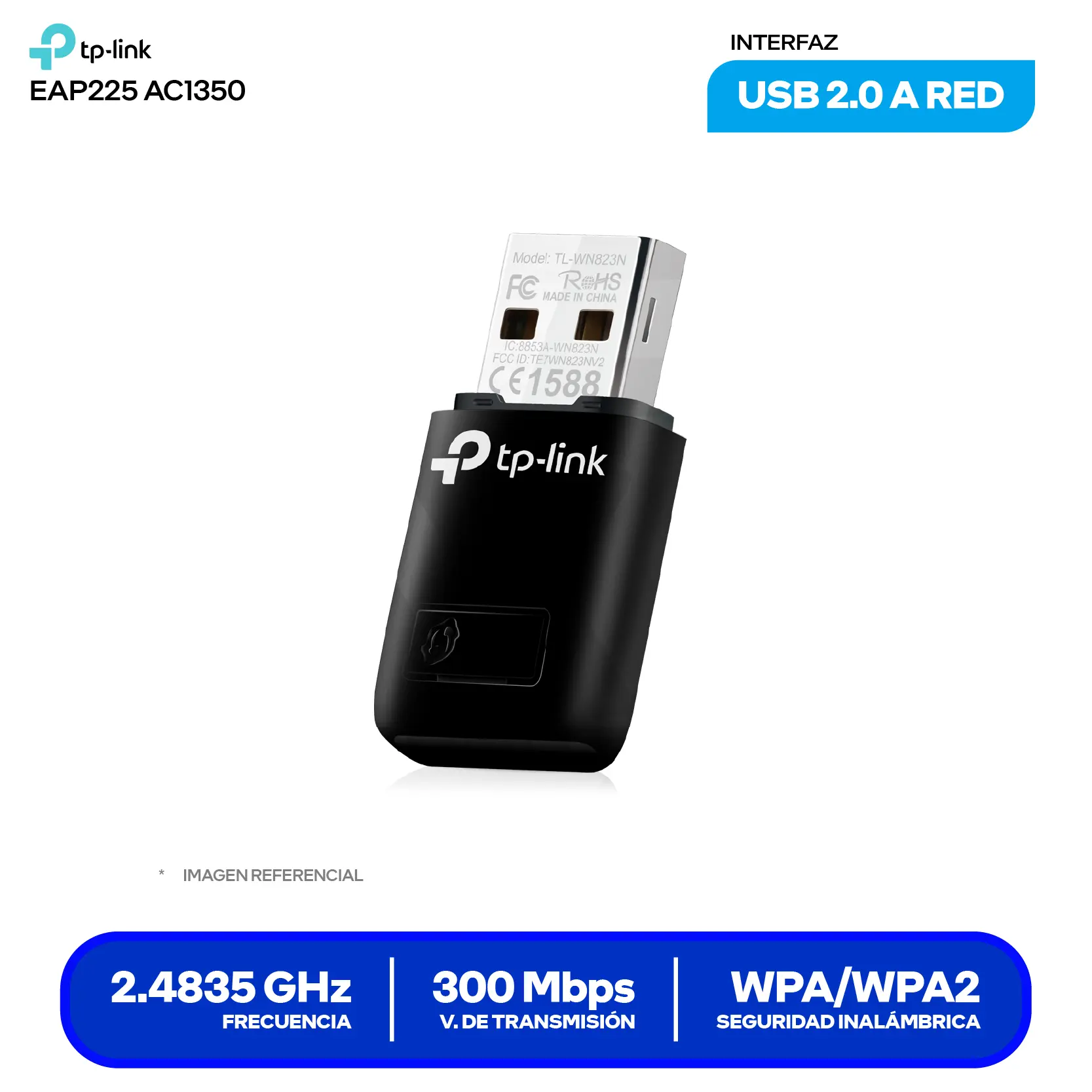 Mini Adaptador Inalámbrico TP-Link TL-WN823N (0152502517) 300 Mbps, 2.4 GHz