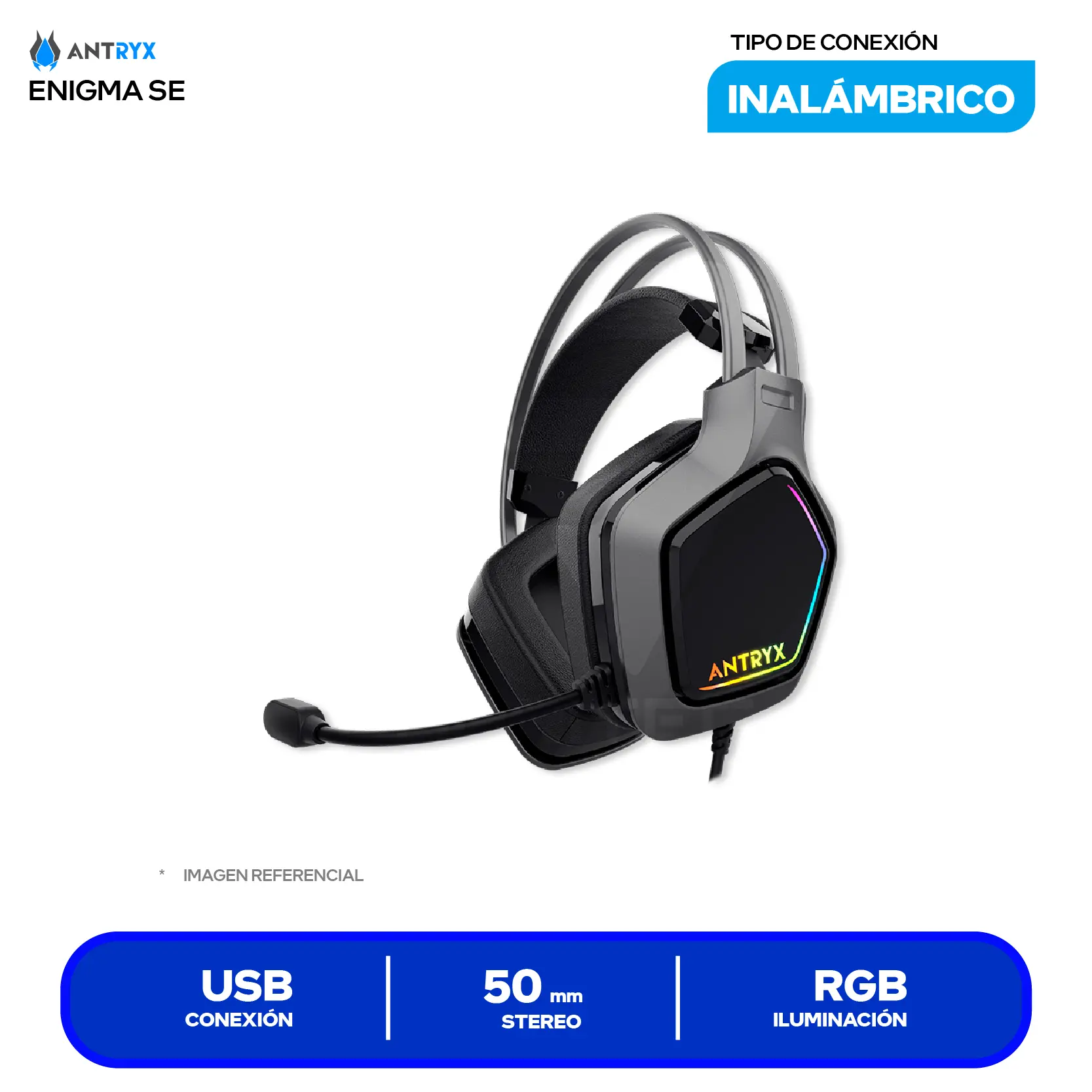Audífono Gamer Antryx Enigma SE Gris (AGH-7320GR7) USB, RGB, Micrófono Integrado