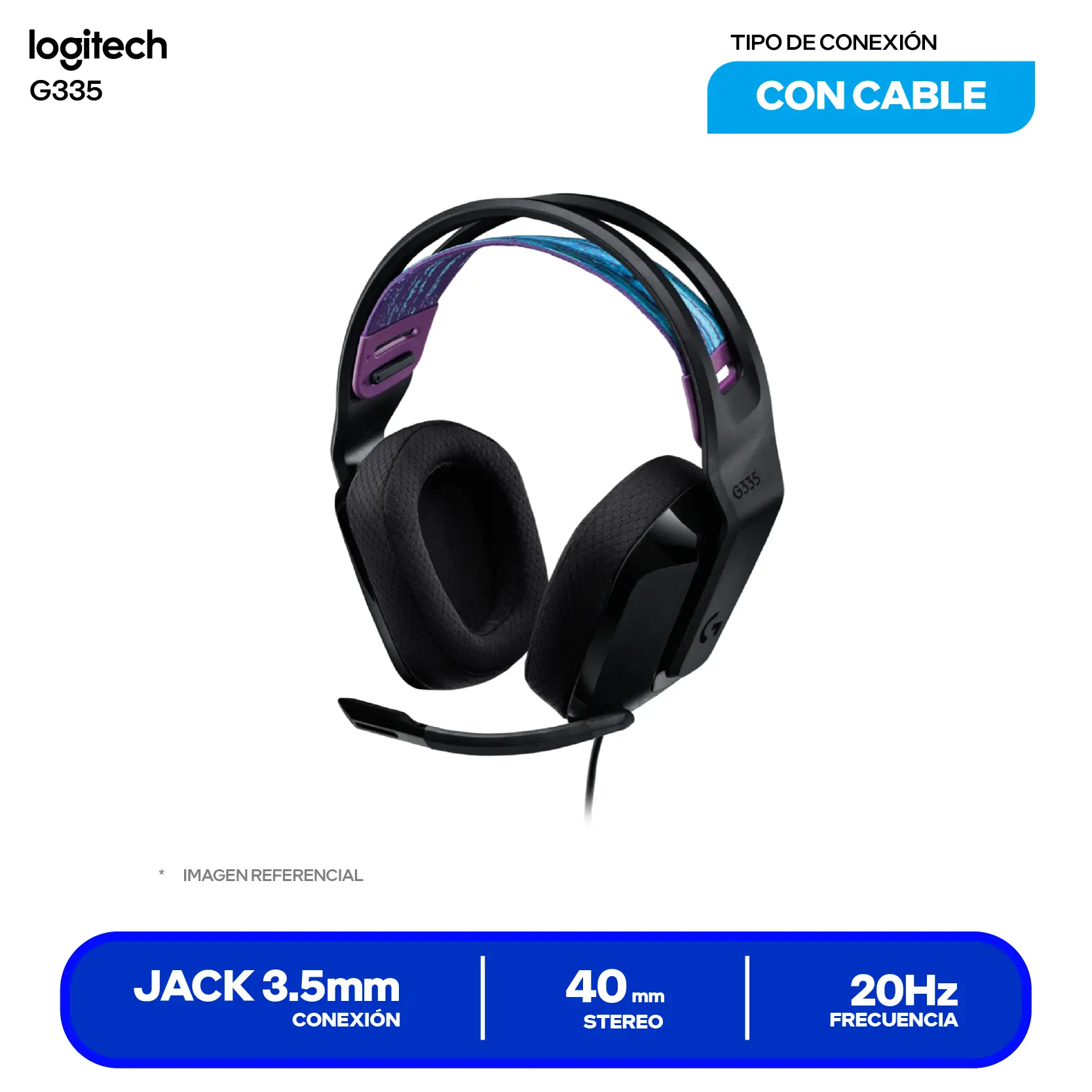 Audífono Gamer Logitech G335 Negro (981-000977), Jack 3.5mm con Splitter PC, Micrófono Integrado