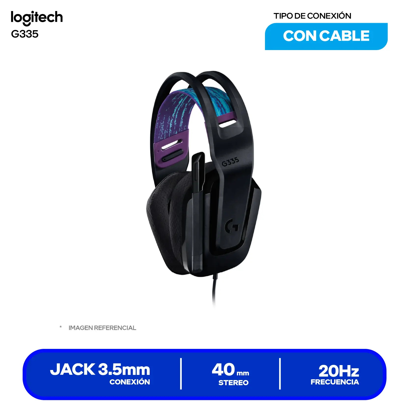 Audífono Gamer Logitech G335 Negro (981-000977), Jack 3.5mm con Splitter PC, Micrófono Integrado
