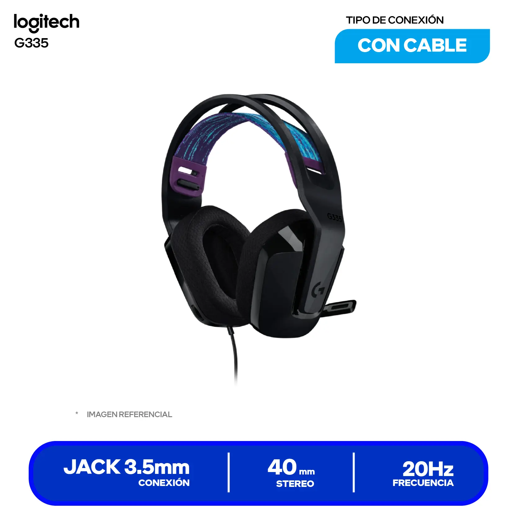 Audífono Gamer Logitech G335 Negro (981-000977), Jack 3.5mm con Splitter PC, Micrófono Integrado